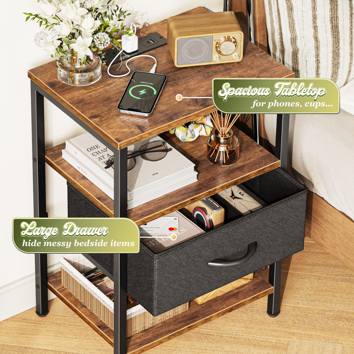 SUPERJARE Nightstand with Charging Station, USB-C Port, Bedside Table Night Stand for Bedroom, with Adjustable Fabric Drawer, 3-Tier Storage End Table, for Living Room, Rustic Brown & Black