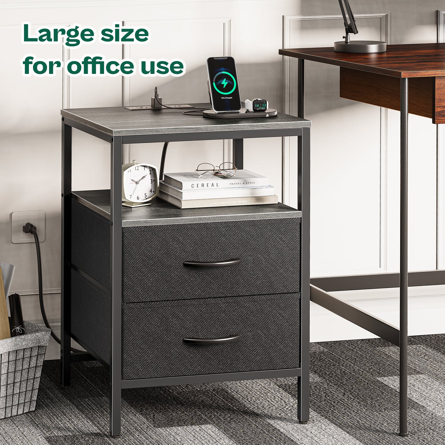 Huuger Night Stand with Charger Station, 27.7 Inch Tall Nightstand, Bed Side Table with 2 Fabric Drawers, Fabric Drawer Dresser for Bedroom, Living Room, Grey