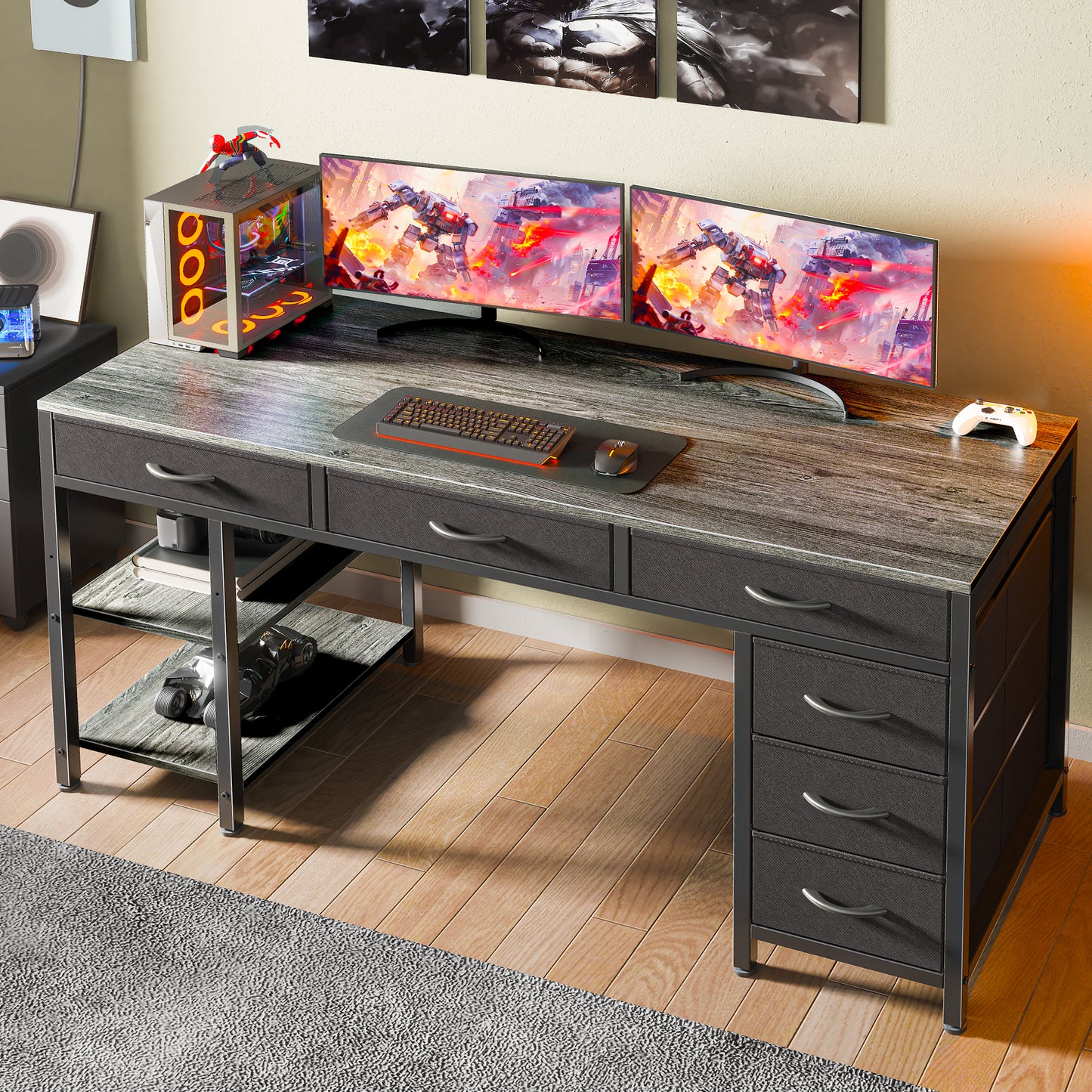 Huuger Computer Desk with 6 Drawers, 47 Inch Office Desk with Shelves, Reversible Gaming Desk, Corner Desk with Storage, Work Desk for Home Office, Study, Living Room, Gray