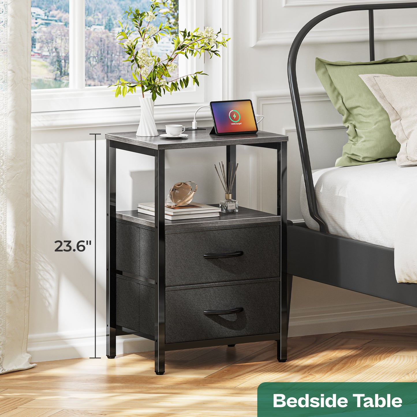 Huuger Nightstand with Charging Station, Side Table with Fabric Drawers, End Table with Open Shelf, Bedside Table with USB Ports and Outlets, Night Stand for Bedroom, Charcoal Gray