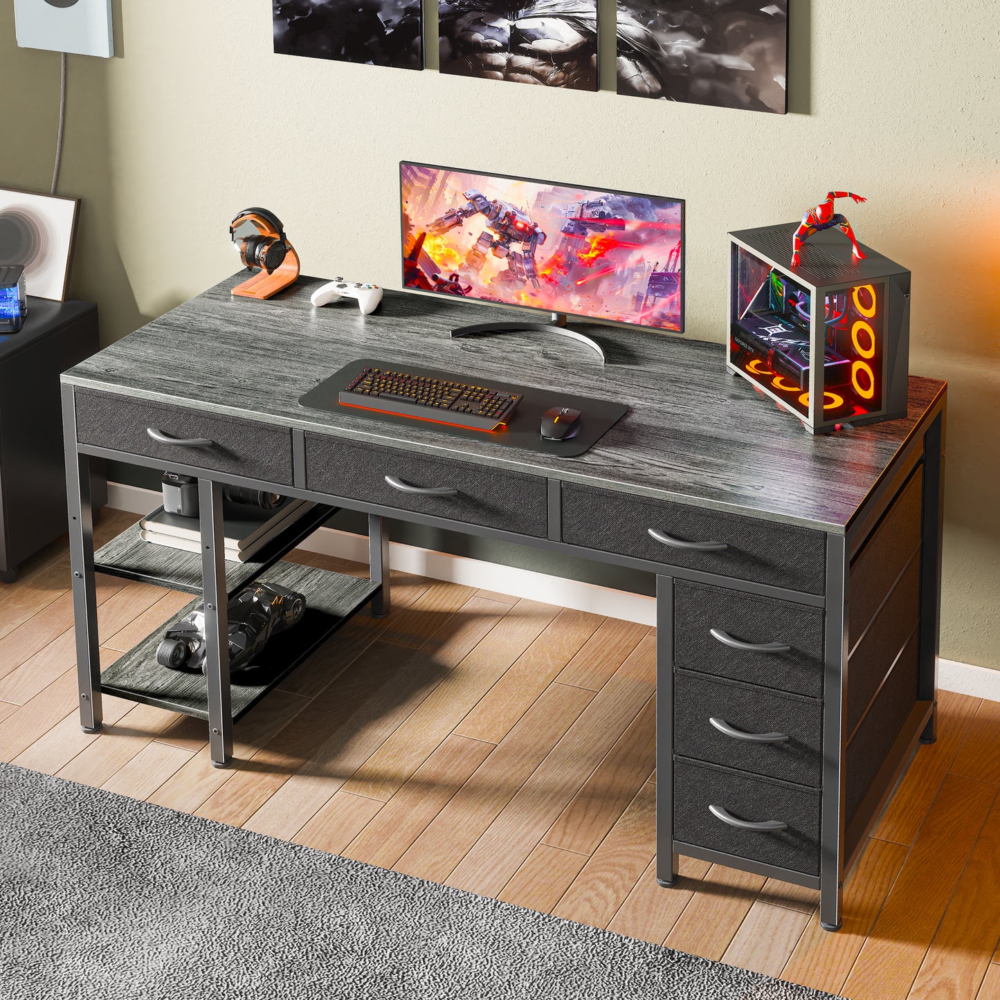 Huuger Computer Desk with 6 Drawers, 47 Inch Office Desk with Shelves, Reversible Gaming Desk, Corner Desk with Storage, Work Desk for Home Office, Study, Living Room, Gray