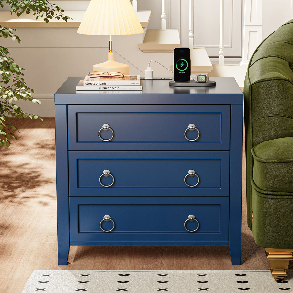 Huuger Paint Night Stand with Charger Station, 3 Drawer Nightstand Set of 2 Larger Wider Bedside Table with USB-C Port, Modern End Table, for Bedroom, Living Room, Blue Nightstand