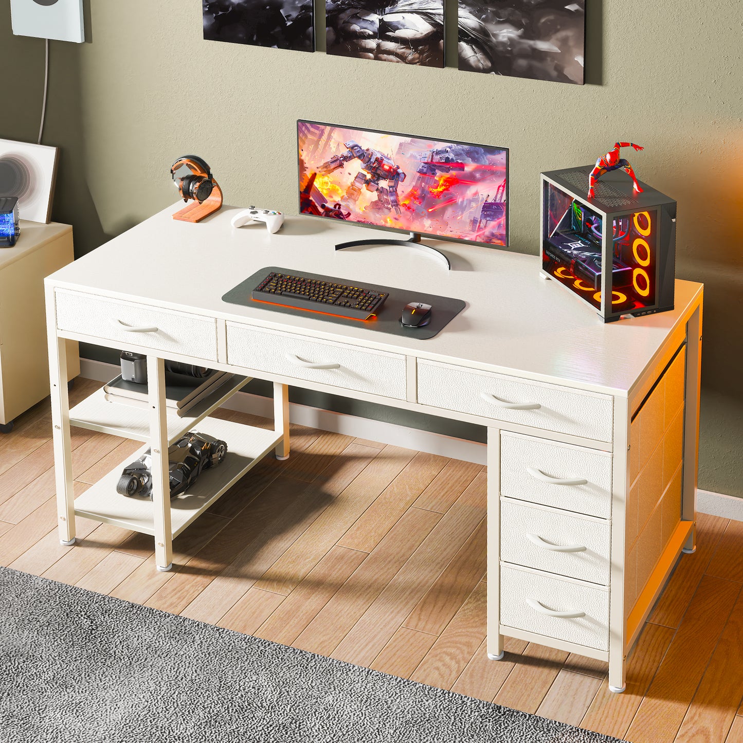 Huuger Computer Desk with 6 Drawers, 47 Inch Office Desk with Shelves, Reversible Gaming Desk, Corner Desk with Storage, Work Desk for Home Office, Study, Living Room, White