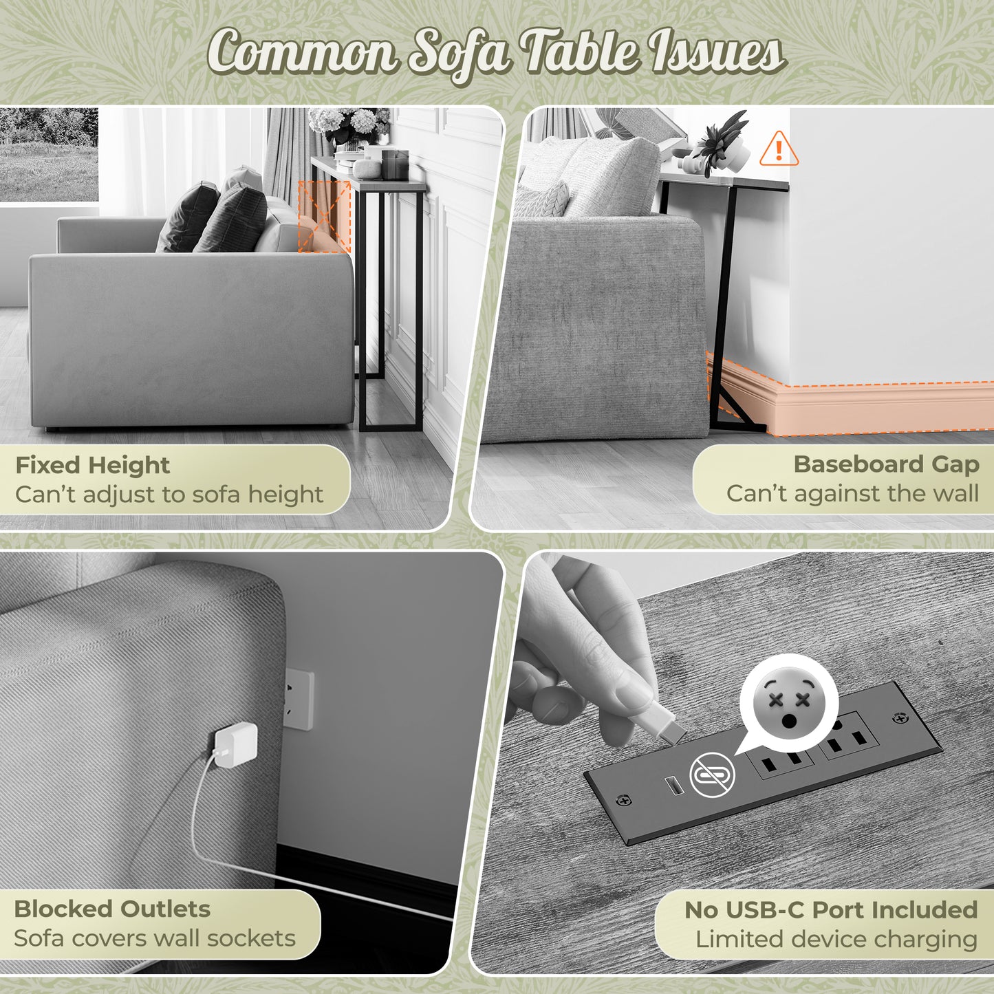 Huuger 110.2 Inch Sofa Table with Power Outlets, 23.9’’-34.4’’ Height Adjustable Range, Behind Couch Table with USB-C Ports, Sofa Tables Narrow Long, Skinny Console Table, Small Spaces