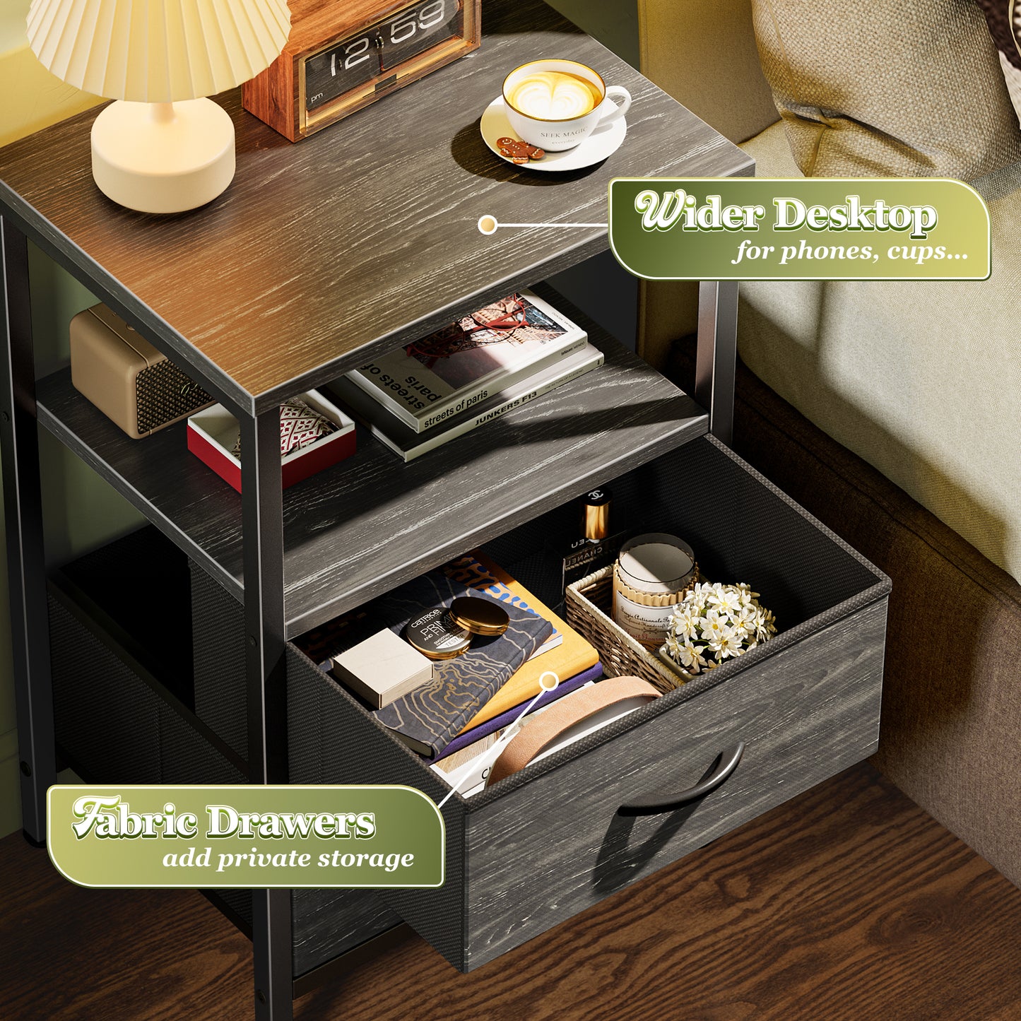 Huuger Night Stand Set of 2, Nightstand with 2 Drawers, Bed Side Table with Open Shelf, Wooden Top, End Table, Fabric Drawer with Oak Wooden Print Surface, for Bedroom