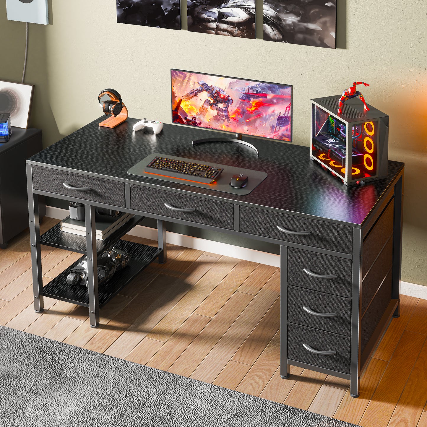 Huuger Computer Desk with 6 Drawers, 47 Inch Office Desk with Shelves, Reversible Gaming Desk, Corner Desk with Storage, Work Desk for Home Office, Study, Living Room, Black