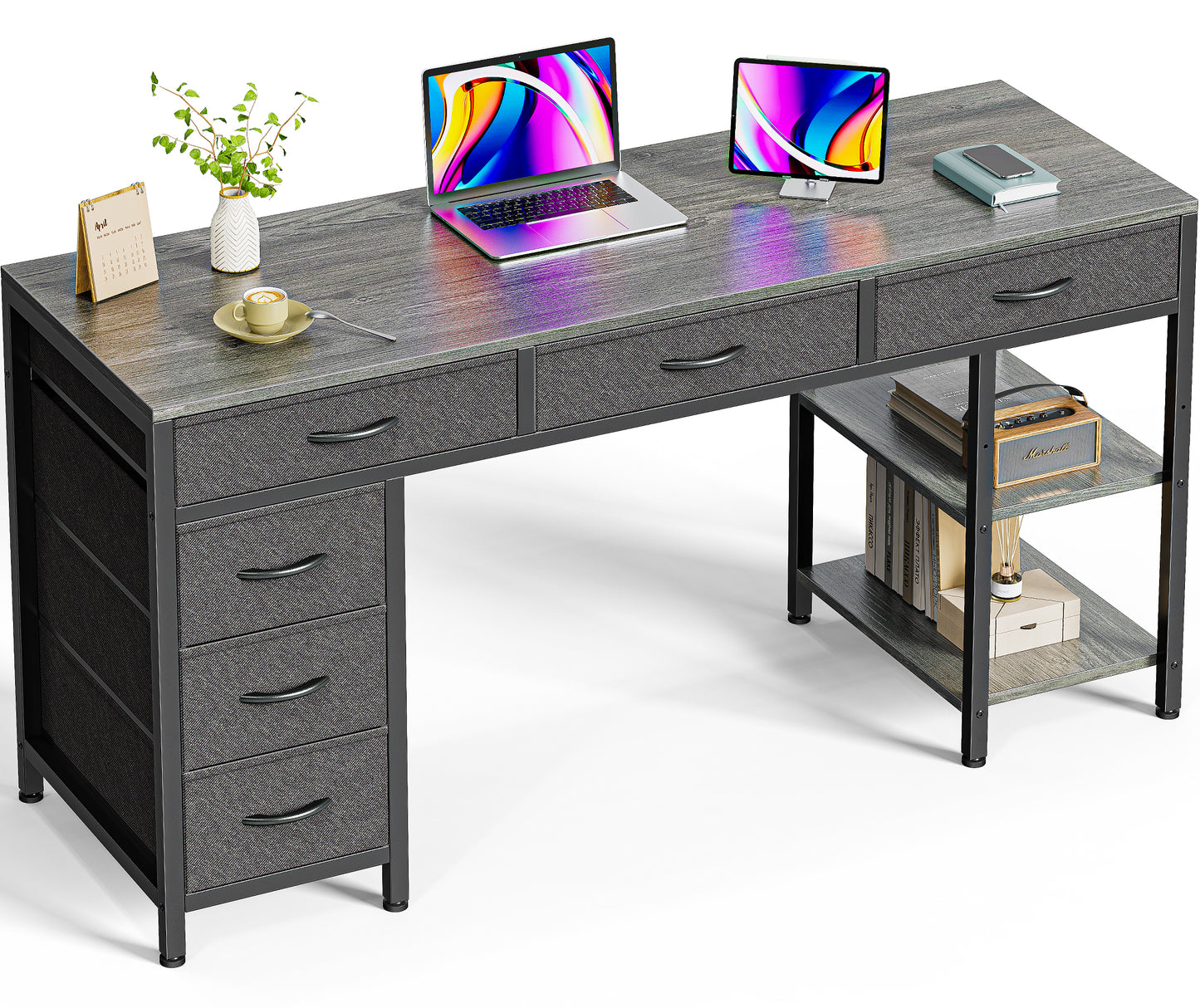 Huuger Computer Desk with 6 Drawers, 47 Inch Office Desk with Shelves, Reversible Gaming Desk, Corner Desk with Storage, Work Desk for Home Office, Study, Living Room, Gray