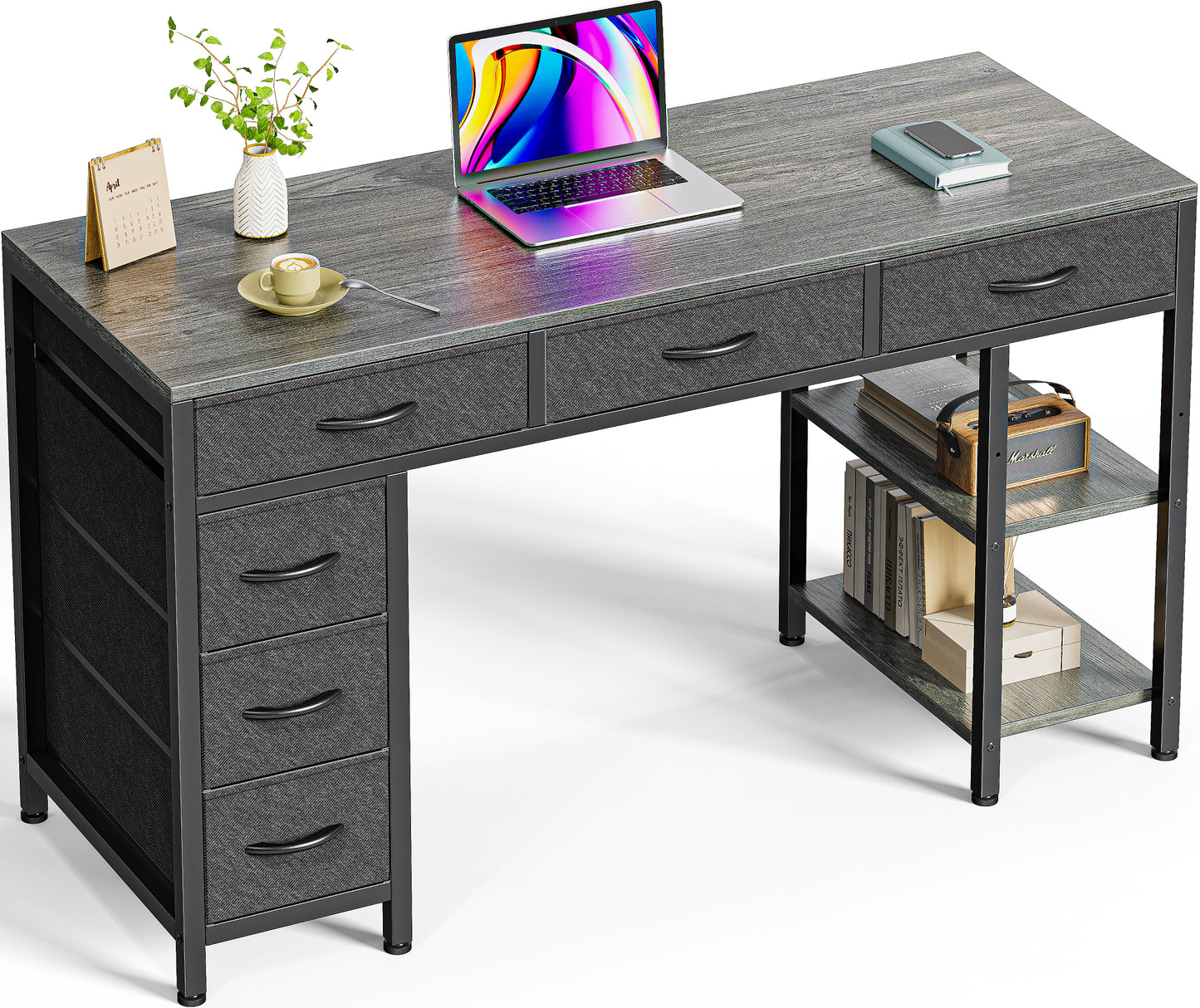 Huuger Computer Desk with 6 Drawers, 47 Inch Office Desk with Shelves, Reversible Gaming Desk, Corner Desk with Storage, Work Desk for Home Office, Study, Living Room, Gray