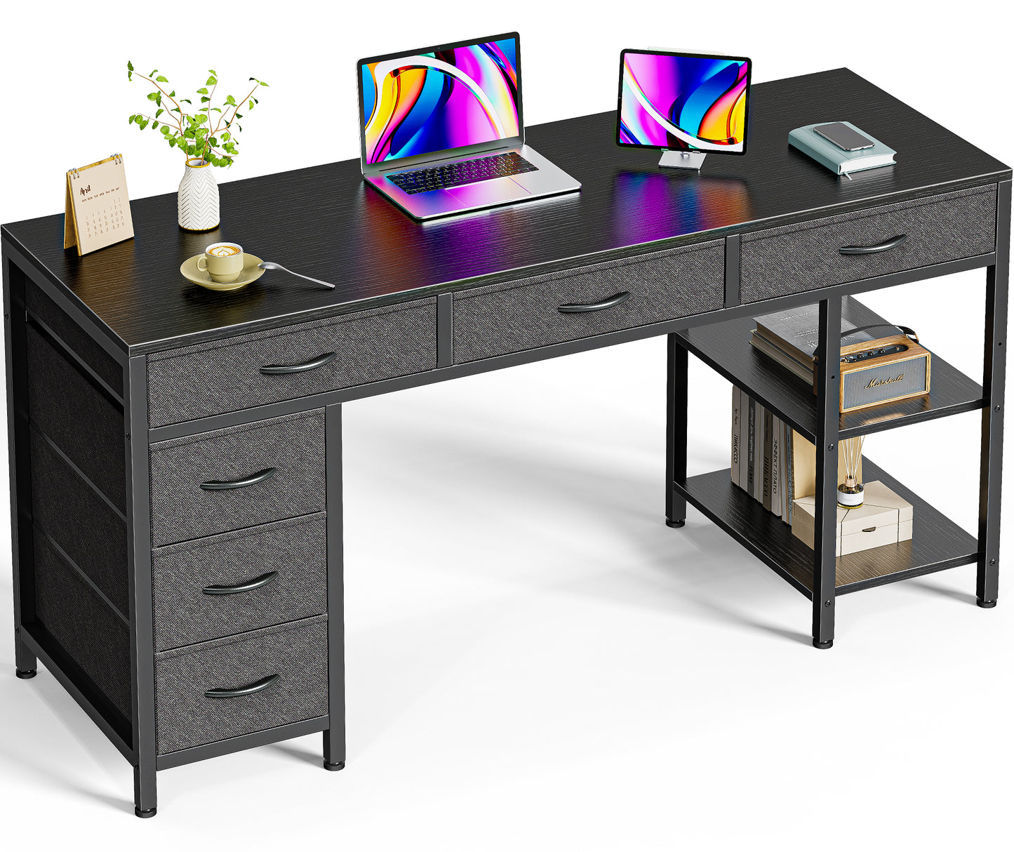 Huuger Computer Desk with 6 Drawers, 54 Inch Office Desk with Shelves, Reversible Gaming Desk, Corner Desk with Storage, Work Desk for Home Office, Study, Living Room, Black