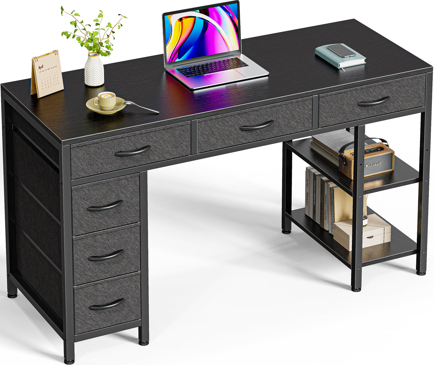 Huuger Computer Desk with 6 Drawers, 47 Inch Office Desk with Shelves, Reversible Gaming Desk, Corner Desk with Storage, Work Desk for Home Office, Study, Living Room, Black