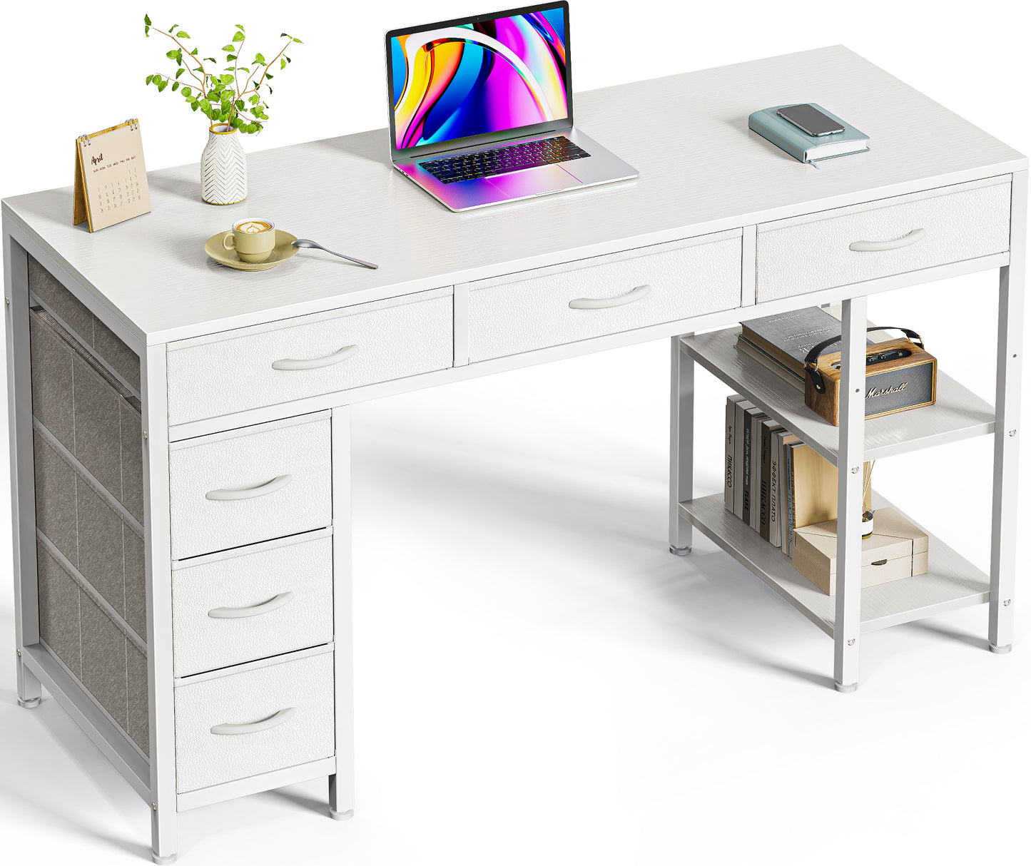 Huuger Computer Desk with 6 Drawers, 47 Inch Office Desk with Shelves, Reversible Gaming Desk, Corner Desk with Storage, Work Desk for Home Office, Study, Living Room, White