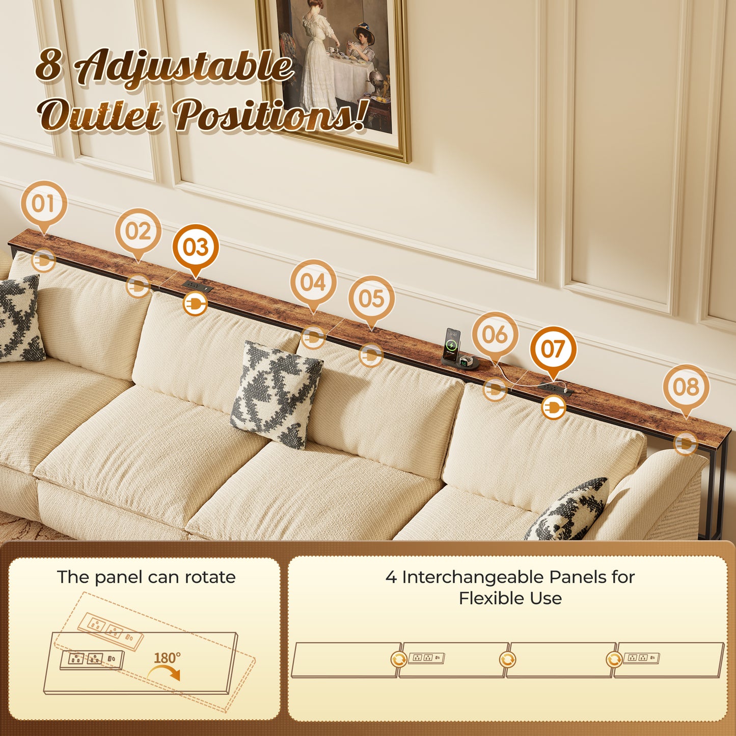 Huuger 157.5 Inch Sofa Table with Power Outlets and USB-C Ports, 5.9 Inch Narrow Entryway Table, Behind Couch Table with Storage, Extra-Long Console Table, Living Room, Rusitc Brown