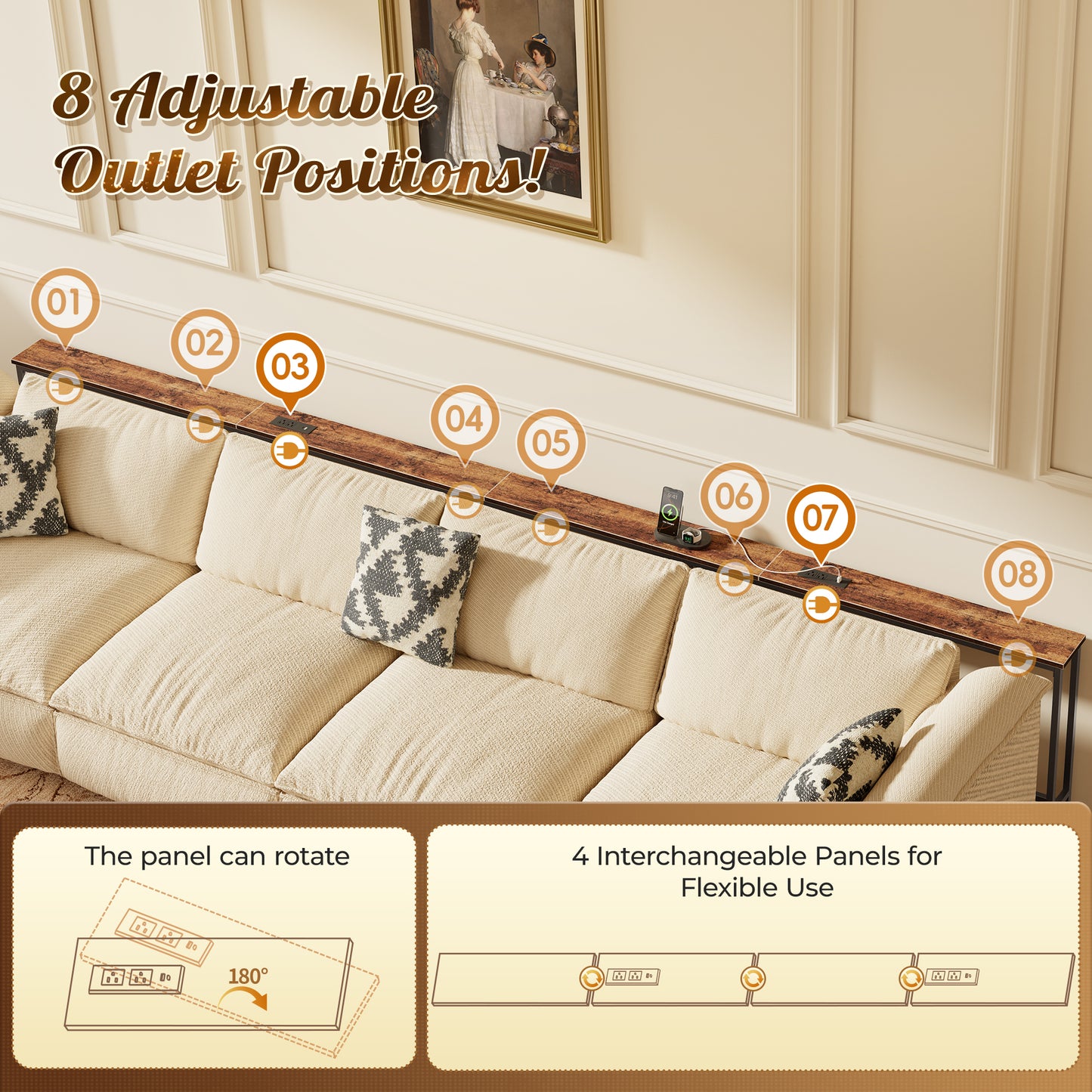 Huuger 141.7 Inch Sofa Table with Power Outlets and USB-C Ports, 5.9 Inch Narrow Entryway Table, Behind Couch Table with Storage, Extra-Long Console Table, Living Room, Rusitc Brown