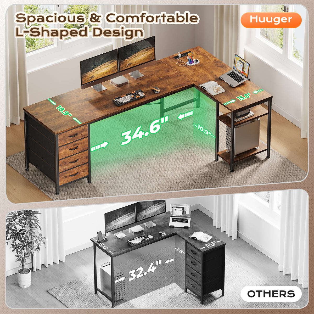 Huuger 63 Inch L Shaped Desk with Fabric Drawers, Computer Office Desk with Power Outlets and USB-C Port, Corner Desk with Storage Shelves, Work Study Home Office, Reversible, Rustic Brown