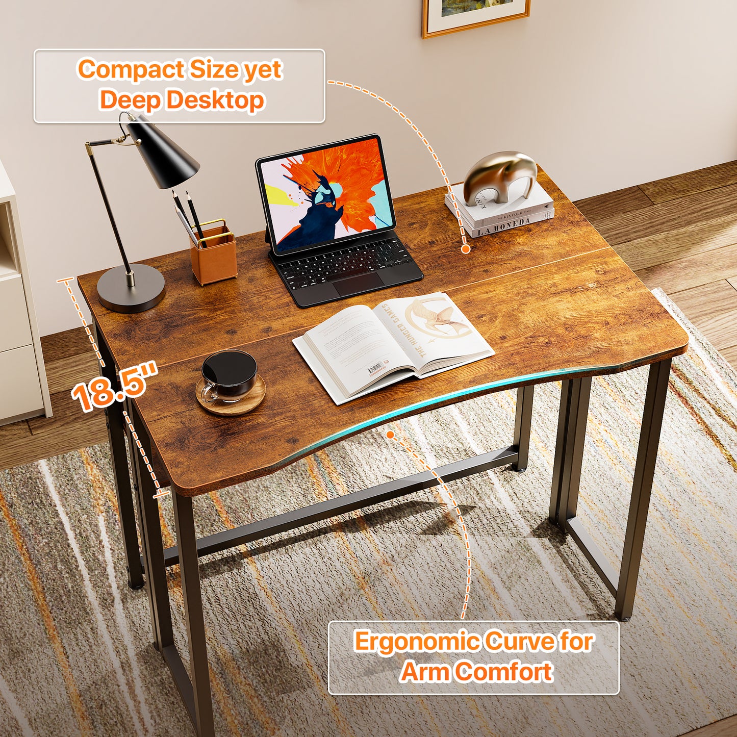 Huuger Folding Desk with Storage Shelf, 31.5 Inch Foldable Computer Table for Small Spaces, Space Saving Sofa Table for Couch, Writing Work Office Computer Desk, Easy to Fold, Rustic Brown