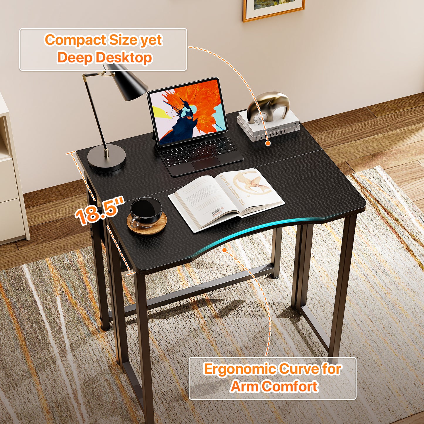 Huuger Folding Desk with Storage Shelf, 23.6 Inch Foldable Computer Table for Small Spaces, Space Saving Sofa Table for Couch, Writing Work Office Computer Desk, Easy to Fold, Black