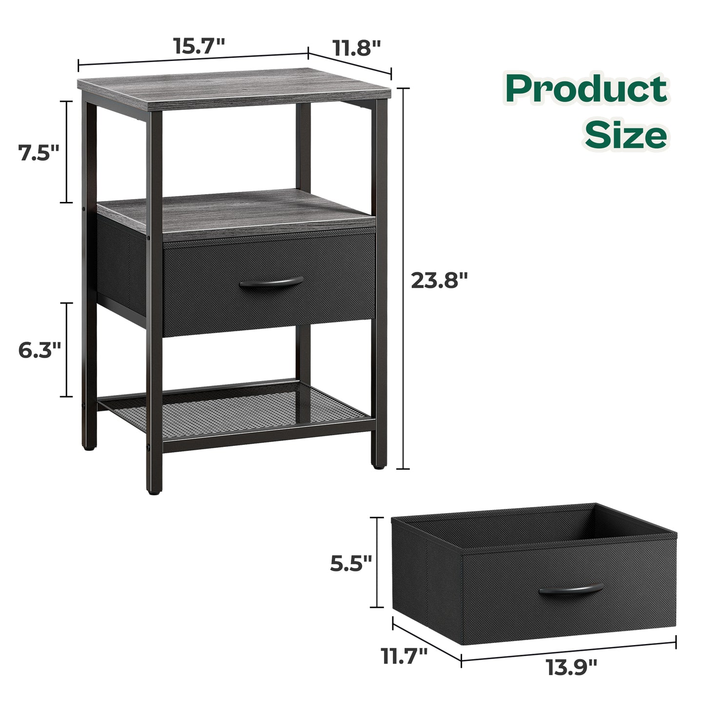 Huuger Nightstand Set of 2, Night Stand with Fabric Drawer, Mesh Shelf, Side Table with Storage, Fabric Drawer Dresser, Open Shelf, Metal Frame, Bedroom, Charcoal Gray