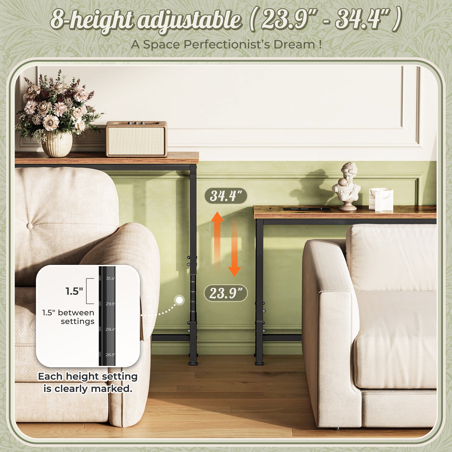 Huuger 102.4 Inch Sofa Table with Power Outlets, 23.9’’-34.4’’ Height Adjustable Range, Behind Couch Table with USB-C Ports, Sofa Tables Narrow Long, Skinny Console Table, Small Spaces