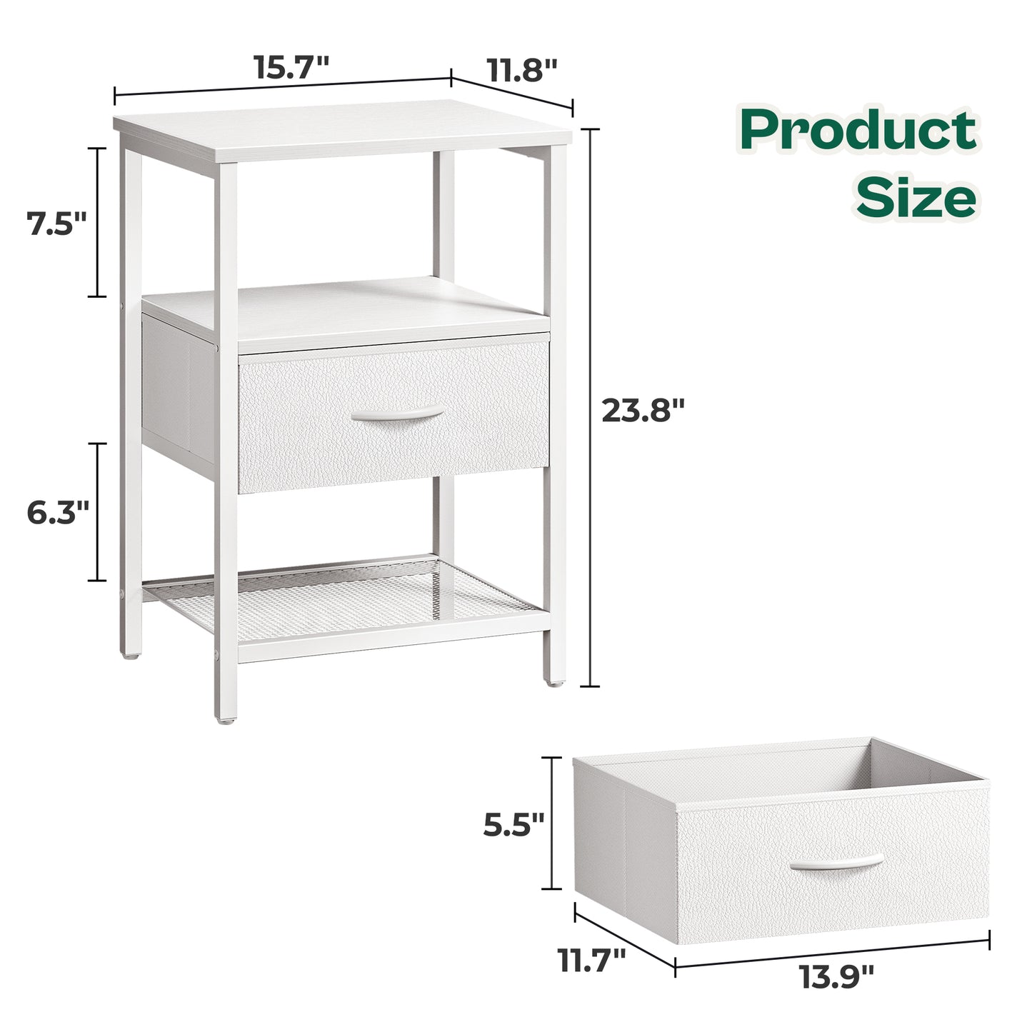 Huuger Nightstand Set of 2, Night Stand with Fabric Drawer, Mesh Shelf, Side Table with Storage, Fabric Drawer Dresser, Open Shelf, Metal Frame, Bedroom, White