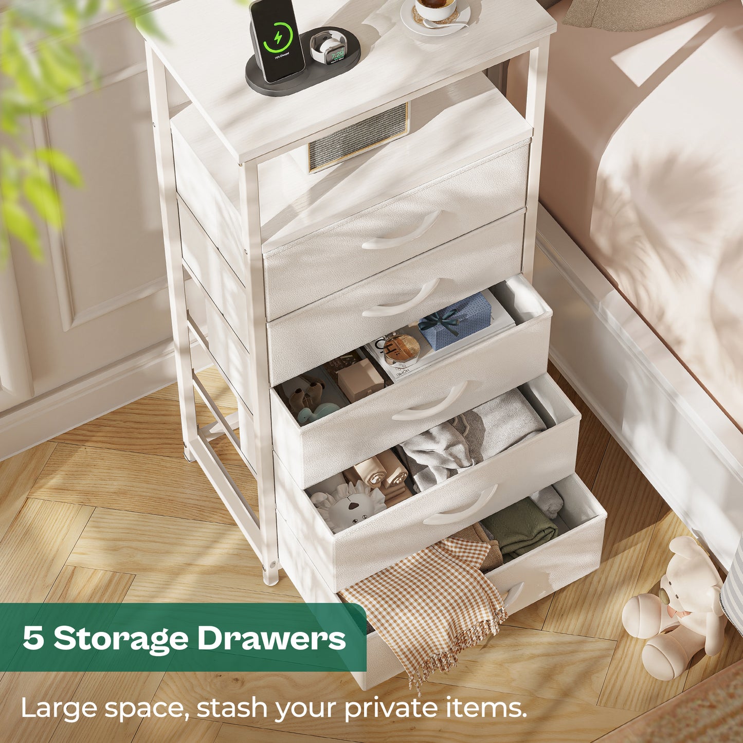 Huuger 5 Drawers Dresser with Charging Station, Dresser for Bedroom, Tall Night Stand, Chest of Drawers with Open Shelf, Bedside Table Nightstand, Fabric Storage Drawers, for Entryway, White