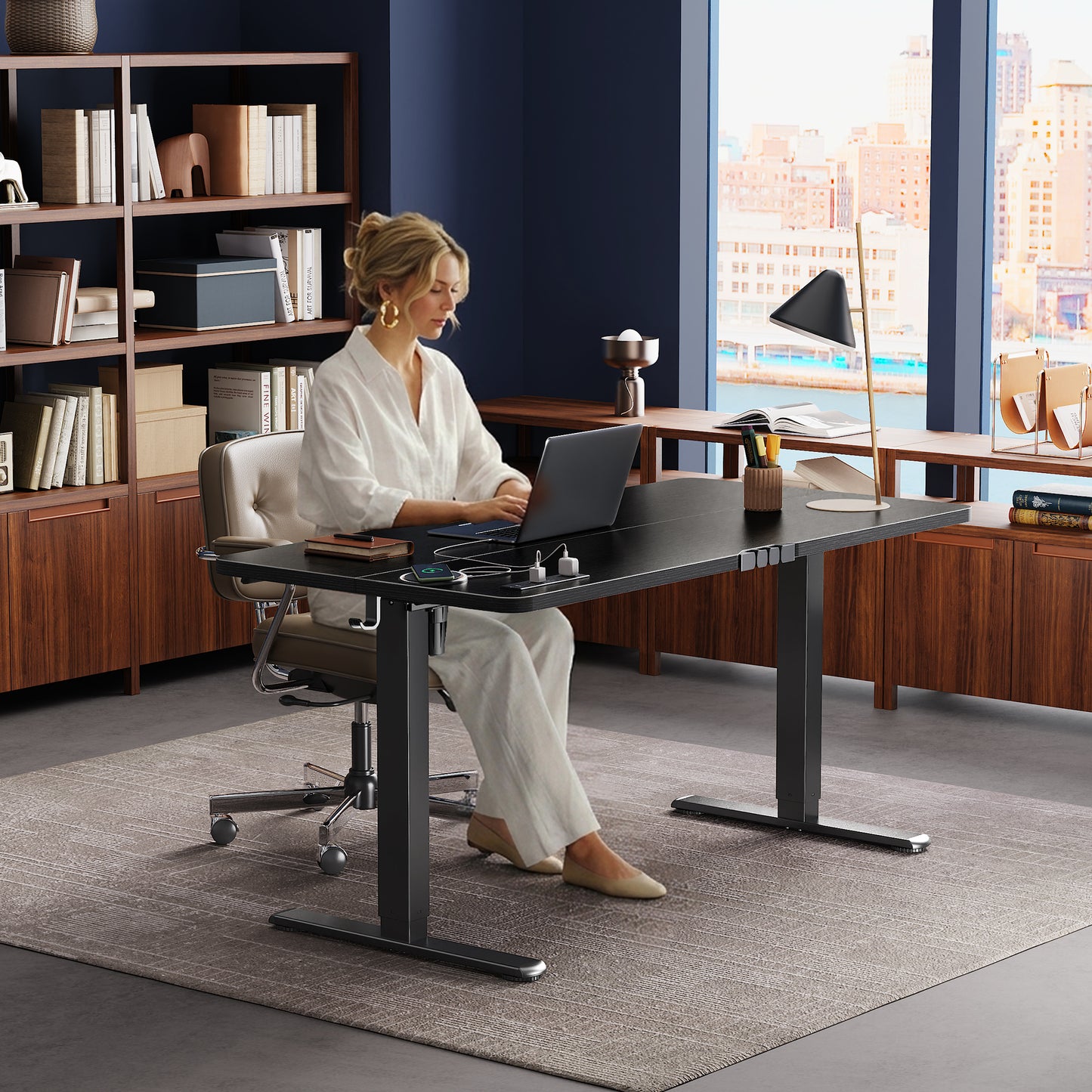 Huuger 55 X 24 Inch Electric Standing Desk with Power Outlets and USB-C Port, Height Adjustable Desk, Sit Stand Desk for Home Office, Computer & Gaming Desk with 3 Presets, Stable Steel Frame