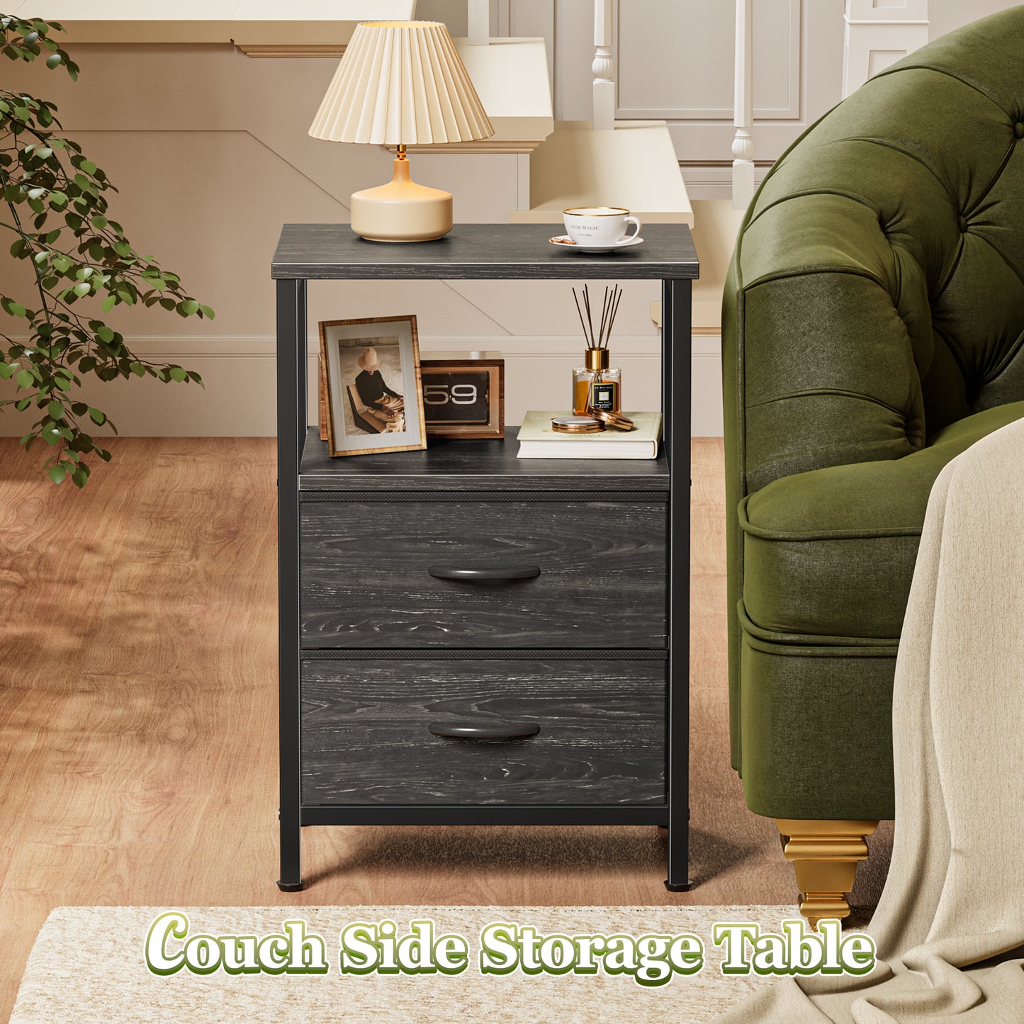 Huuger Night Stand Set of 2, Nightstand with 2 Drawers, Bed Side Table with Open Shelf, Wooden Top, End Table, Fabric Drawer with Oak Wooden Print Surface, for Bedroom