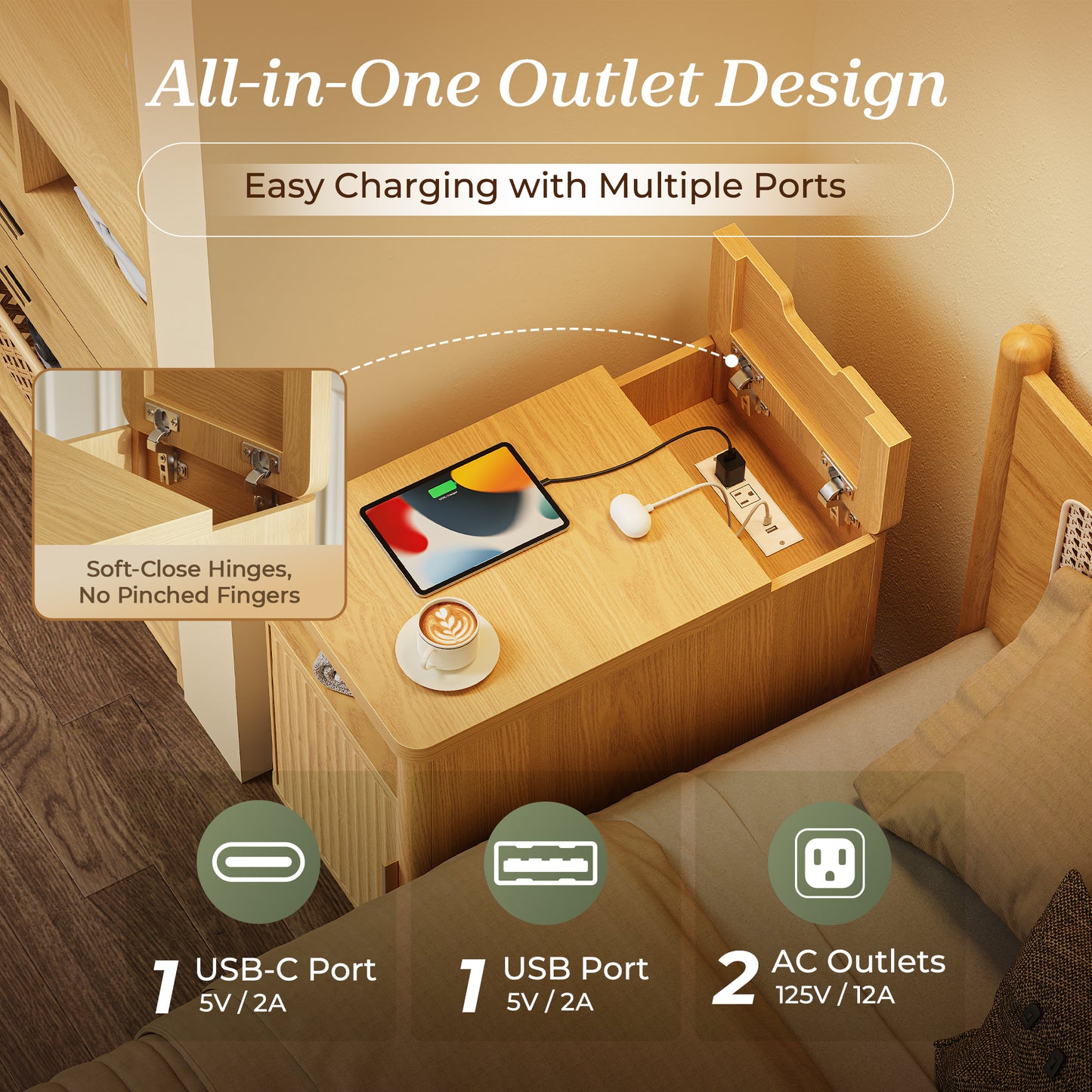 Huuger Narrow Nightstand with Charging Station, USB-C Port, Set of 2 Night Stand, Fluted End Table with Storage Cabinet, Back Rack, Side Table for Small Spaces, 13.4×23.6 Inch, Natural