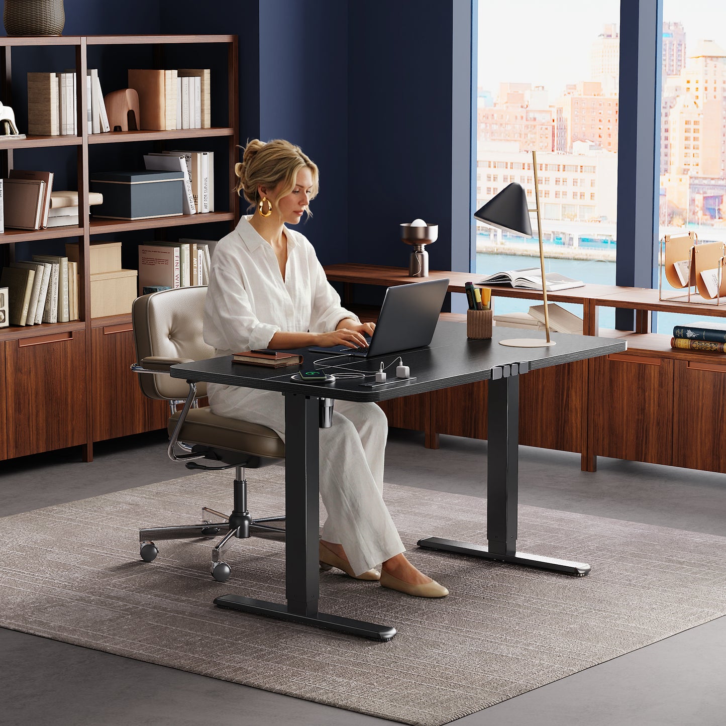 Huuger 47 X 24 Inch Electric Standing Desk with Power Outlets and USB-C Port, Height Adjustable Desk, Sit Stand Desk for Home Office, Computer & Gaming Desk with 3 Presets, Stable Steel Frame