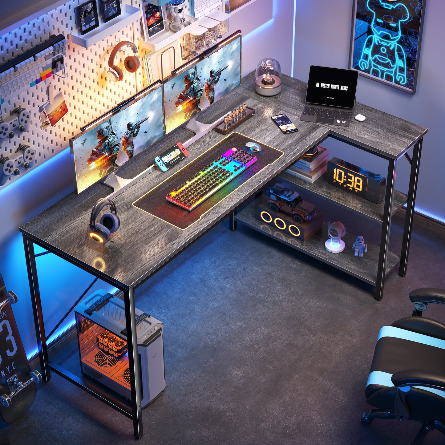 Huuger L Shaped Desk, 55 Inches Computer Desk with Reversible Storage Shelves, for Gaming Corner Home Office Writing Study, Metal Frame, Gray