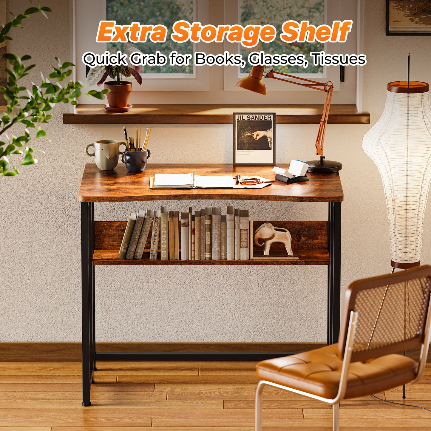 Huuger Folding Desk with Storage Shelf, 31.5 Inch Foldable Computer Table for Small Spaces, Space Saving Sofa Table for Couch, Writing Work Office Computer Desk, Easy to Fold, Rustic Brown