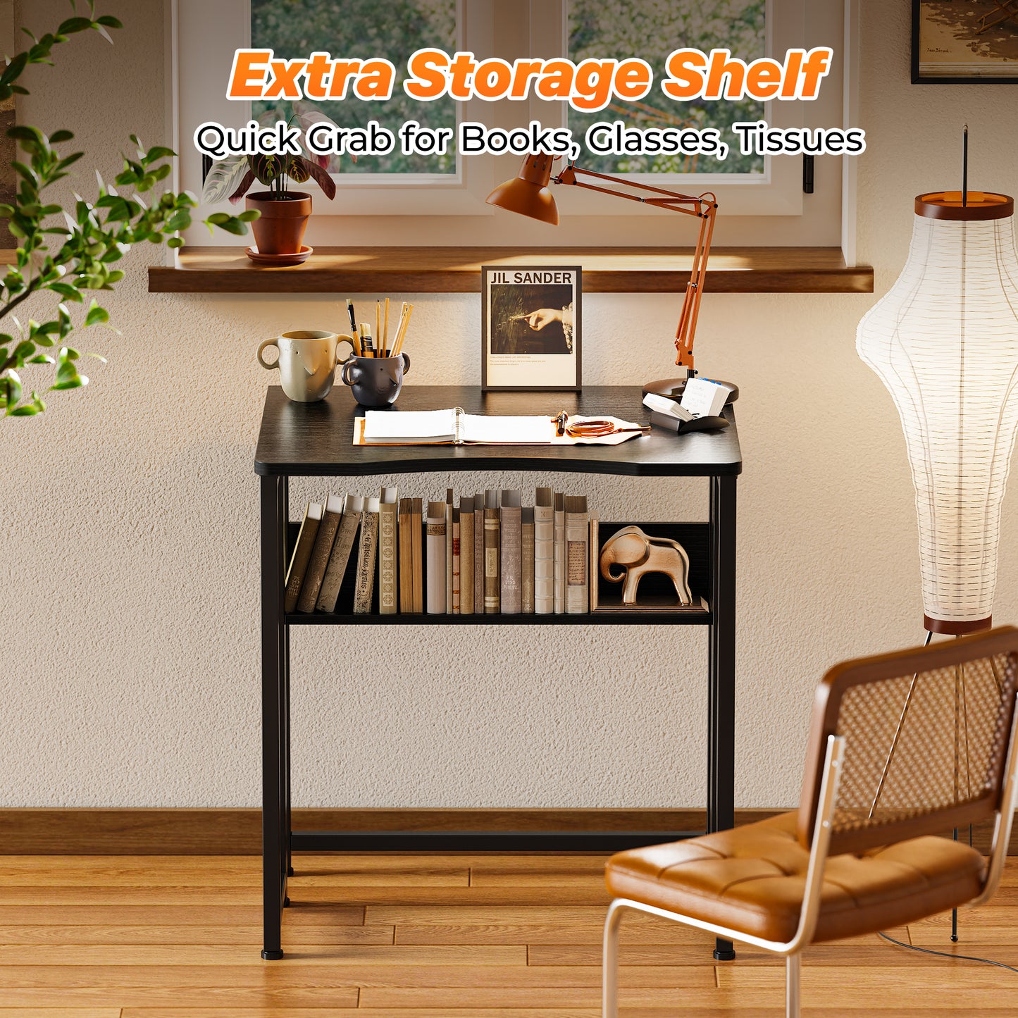 Huuger Folding Desk with Storage Shelf, 23.6 Inch Foldable Computer Table for Small Spaces, Space Saving Sofa Table for Couch, Writing Work Office Computer Desk, Easy to Fold, Black
