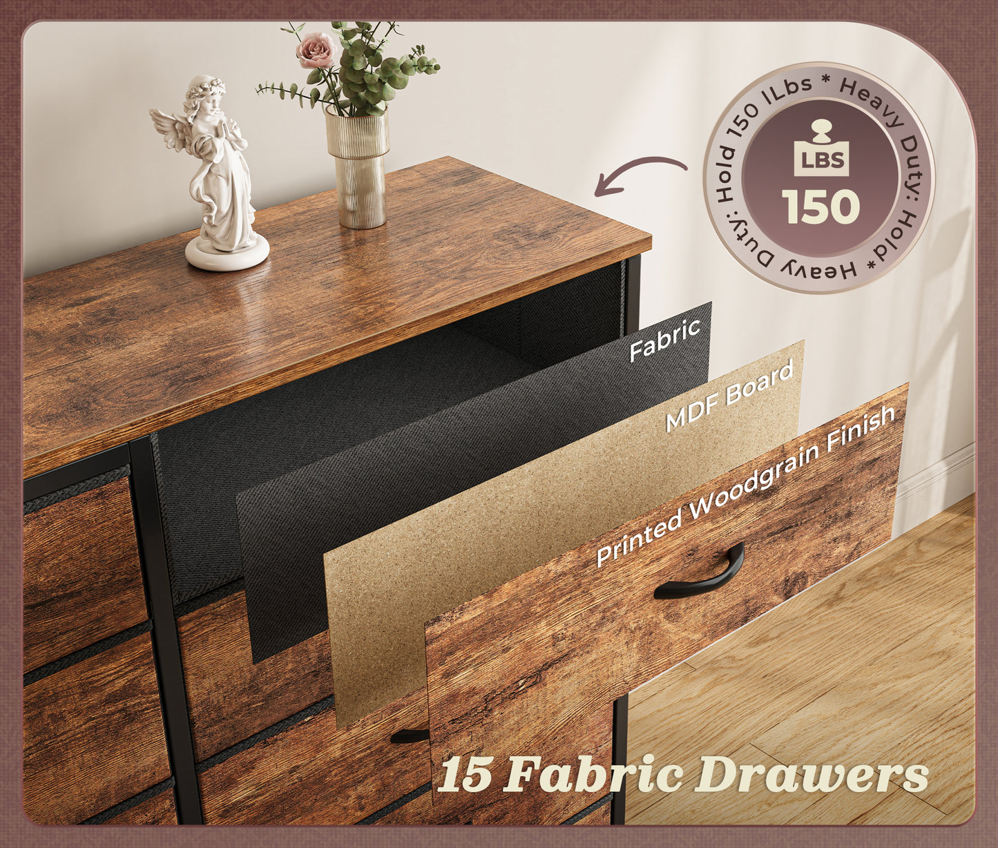 Huuger 63 Inch Long Dresser for Bedroom, TV Stand for 65, 70 Inch TV, 15 Drawer Dresser for Closet, Chest of Drawers, Large Fabric Drawers for Living Room, Rustic Brown