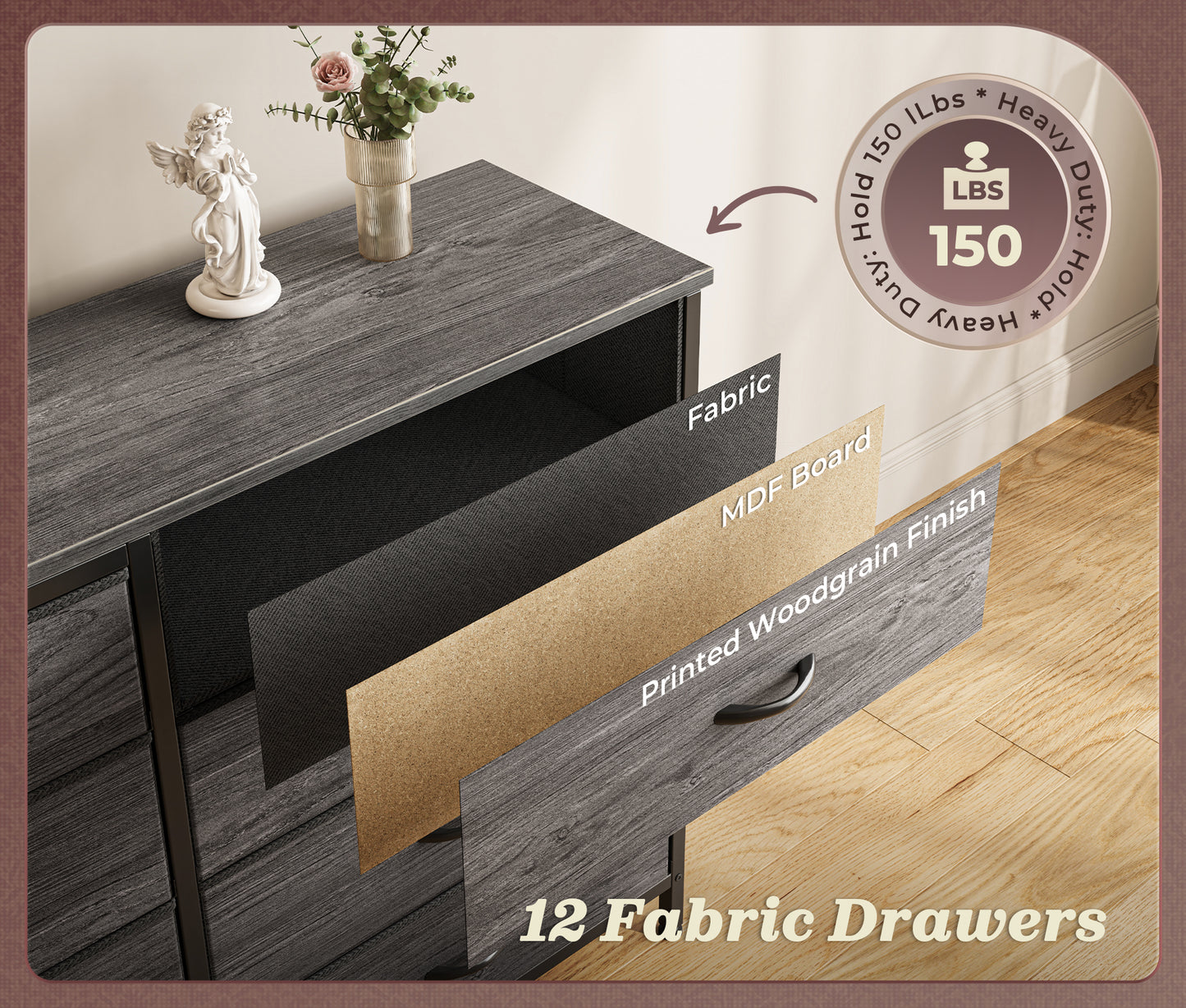 Huuger 63 Inch Long Dresser for Bedroom, TV Stand for 65, 70 Inch TV, 12 Drawer Dresser for Closet, Large Fabric Drawers for Bedroom, Media Console with Storage, Grey