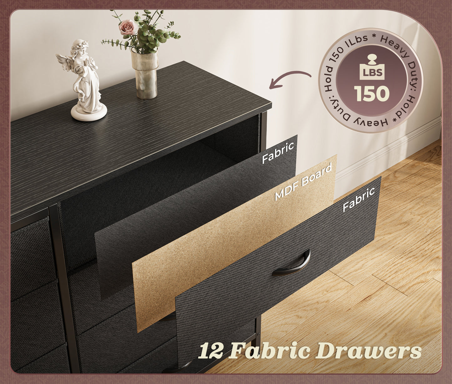 Huuger 63 Inch Long Dresser for Bedroom, TV Stand for 65, 70 Inch TV, 12 Drawer Dresser for Closet, Chest of Drawers, Large Fabric Drawers for Bedroom, Media Console with Storage, Black