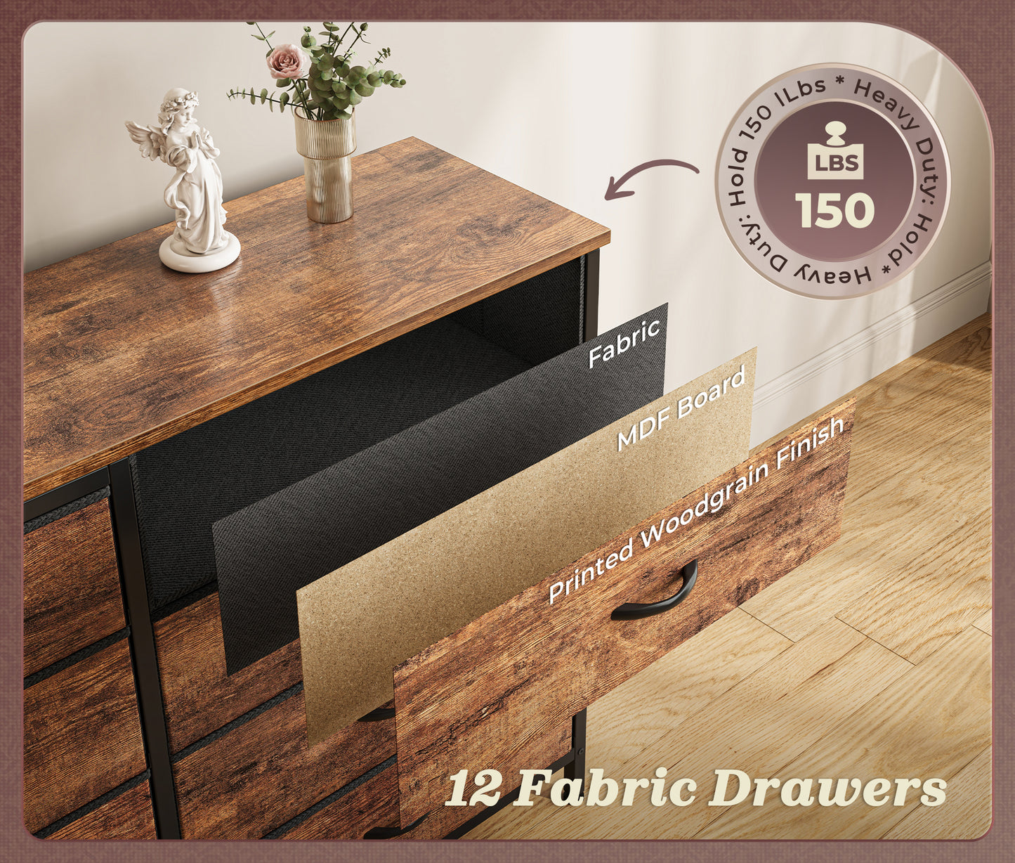 Huuger 63 Inch Long Dresser for Bedroom, TV Stand for 65, 70 Inch TV, 12 Drawer Dresser for Closet, Chest of Drawers, Large Fabric Drawers for Bedroom, Media Console, Rustic Brown