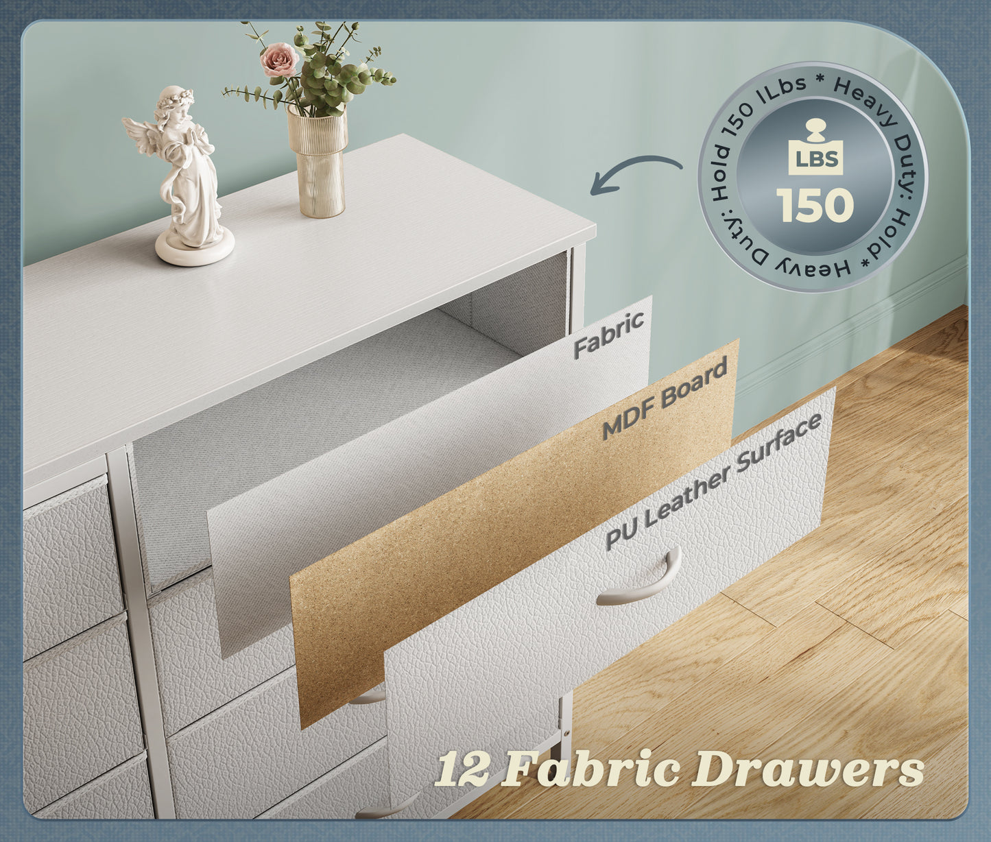 Huuger 63 Inch Long Dresser for Bedroom, TV Stand for 65, 70 Inch TV, 12 Drawer Dresser for Closet, Chest of Drawers, Large Fabric Drawers for Living Room, Media Console with Storage, White