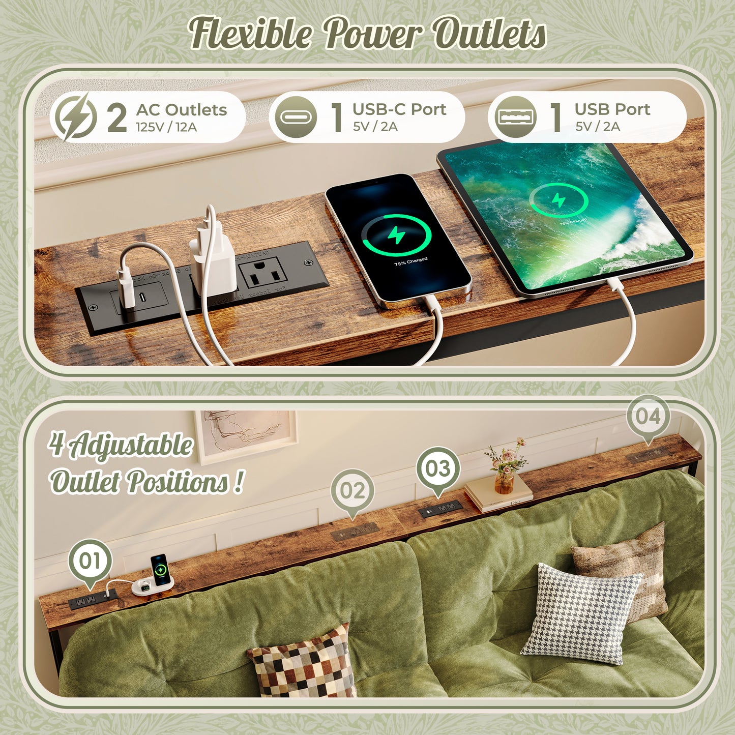 Huuger 110.2 Inch Sofa Table with Power Outlets, 23.9’’-34.4’’ Height Adjustable Range, Behind Couch Table with USB-C Ports, Sofa Tables Narrow Long, Skinny Console Table, Small Spaces