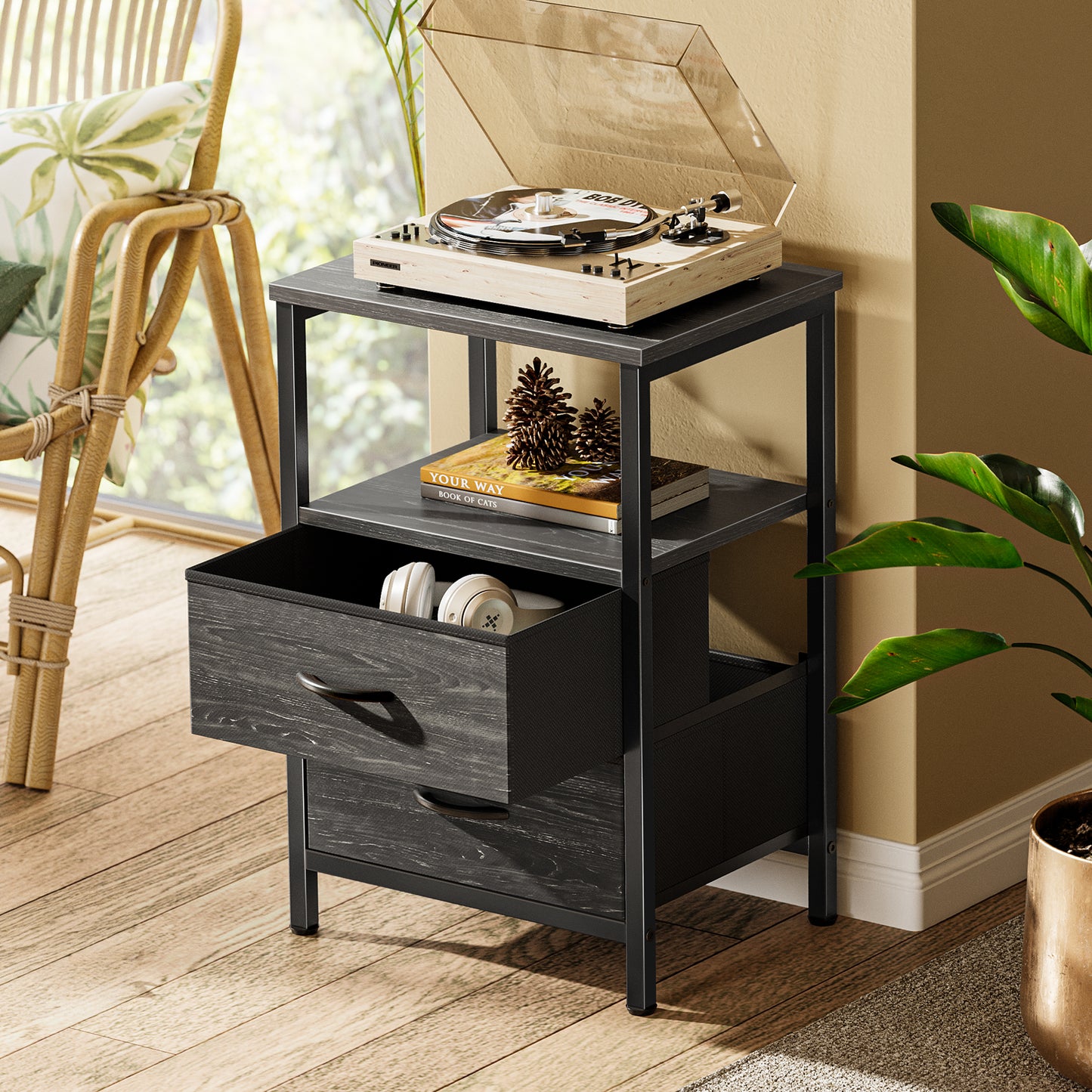 Huuger Night Stand Set of 2, Nightstand with 2 Drawers, Bed Side Table with Open Shelf, Wooden Top, End Table, Fabric Drawer with Oak Wooden Print Surface, for Bedroom