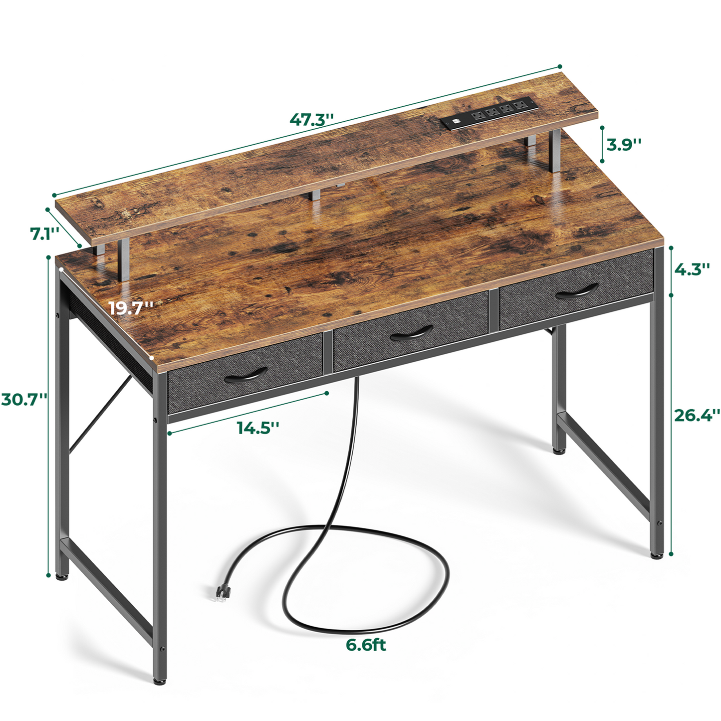 Huuger 47 inch Computer Desk with LED Lights & Power Outlets, Rustic Brown