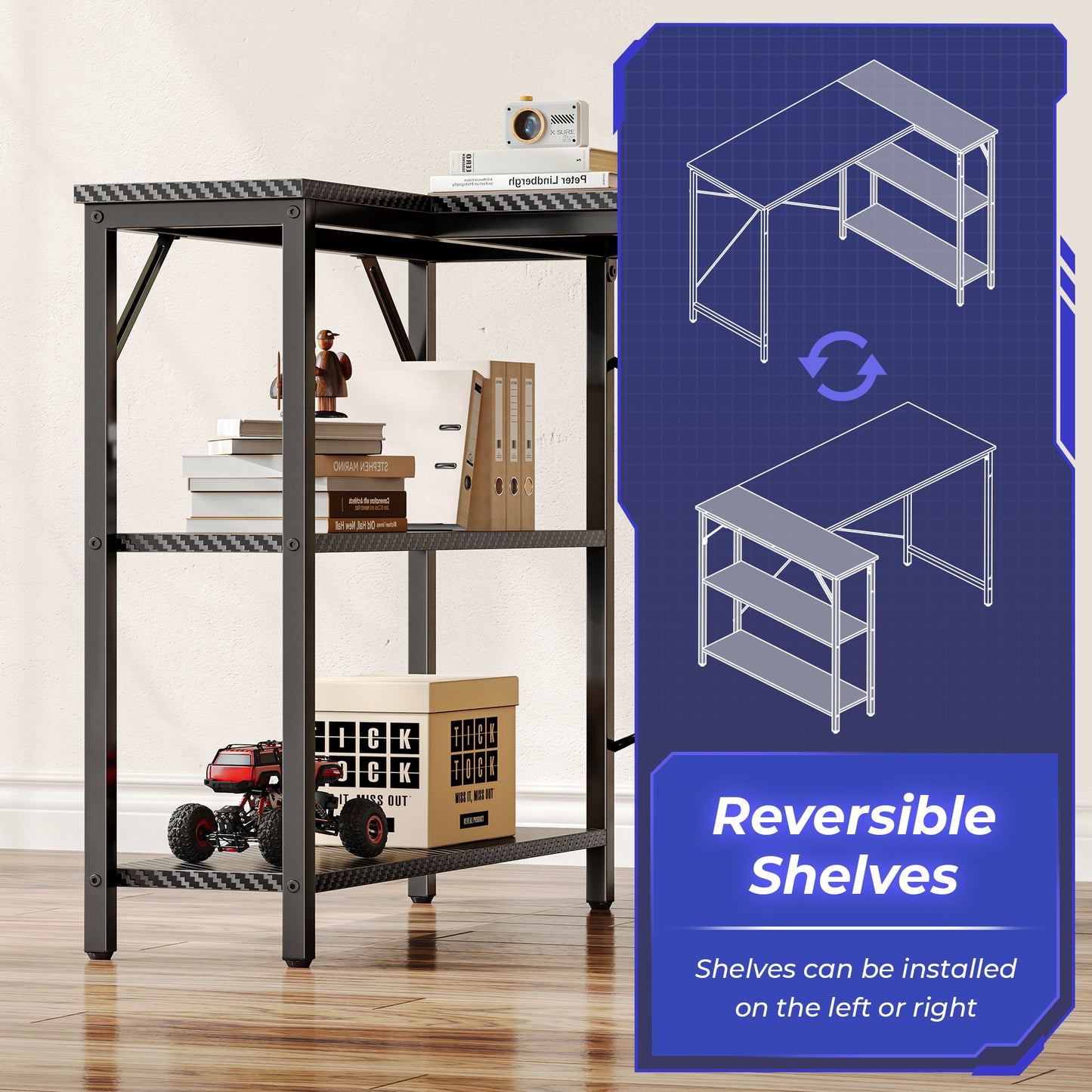 Huuger L Shaped Desk, 47 Inch Gaming & Home Office Desk with Reversible Storage Shelves, Metal Frame, Carbon Fiber Black，7966T