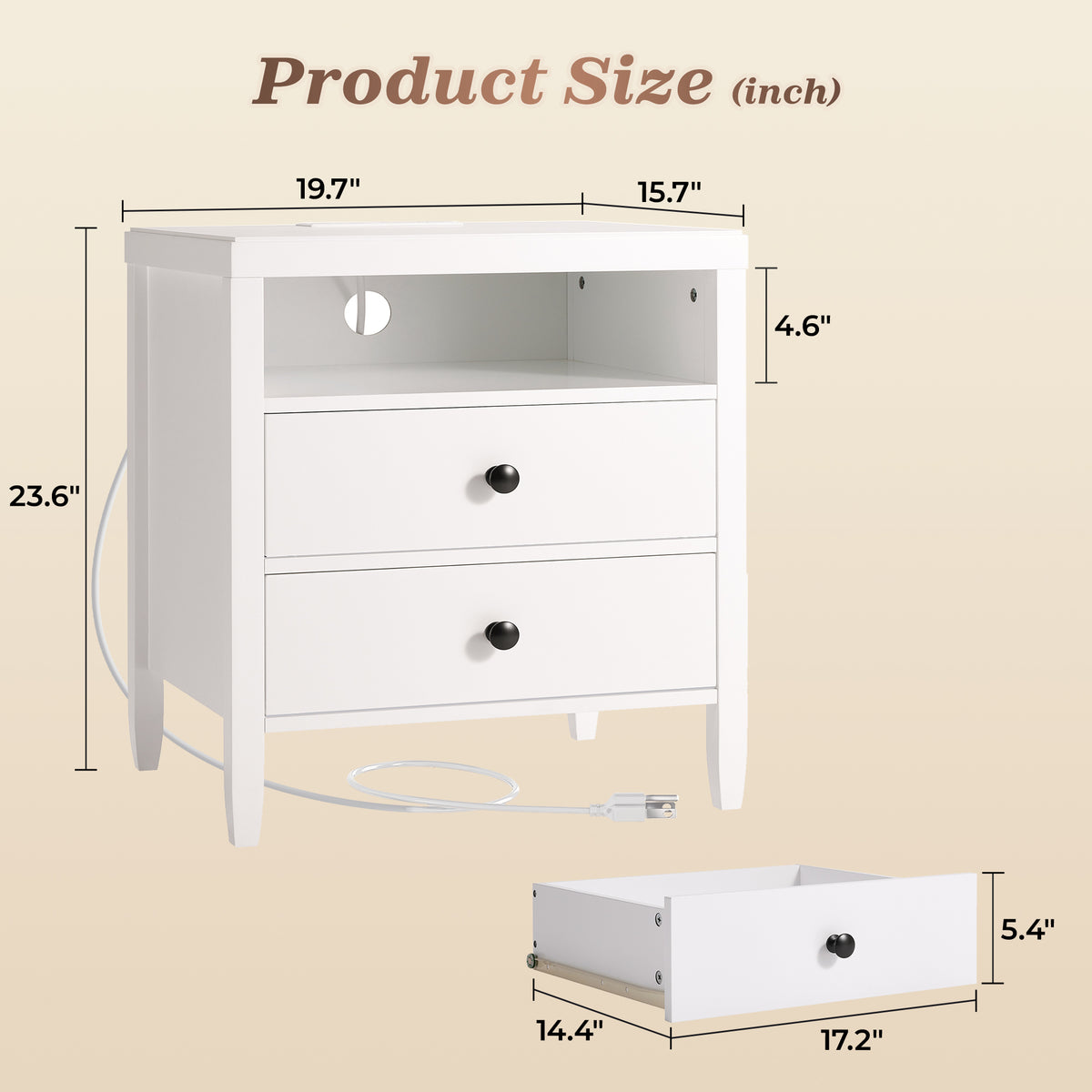 Huuger White Nightstand Set of 2, Night Stand with Charger Station Bedside Table with 2 Drawers, Bed Side Tables for Bedroom, Modern Nightstands, Metal Knobs, Painted Surface