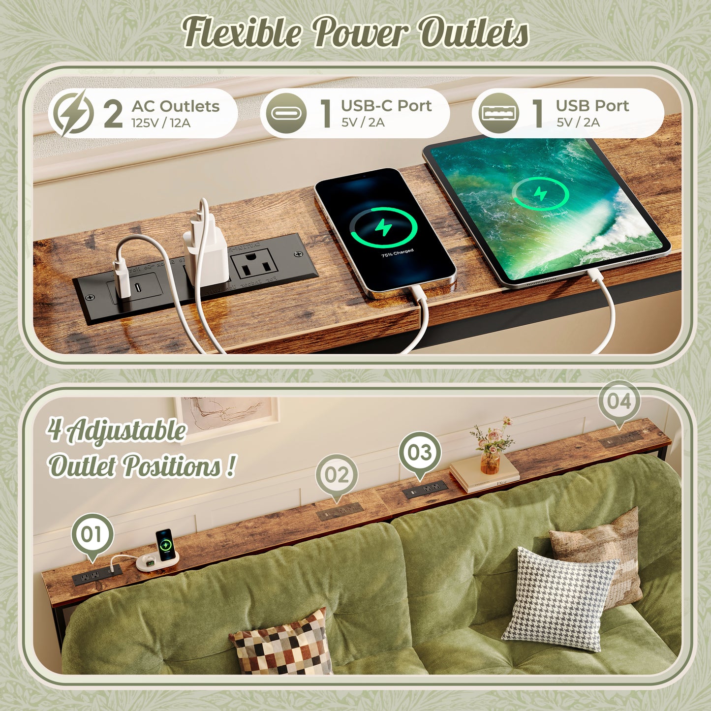 Huuger 102.4 Inch Sofa Table with Power Outlets, 23.9’’-34.4’’ Height Adjustable Range, Behind Couch Table with USB-C Ports, Sofa Tables Narrow Long, Skinny Console Table, Small Spaces