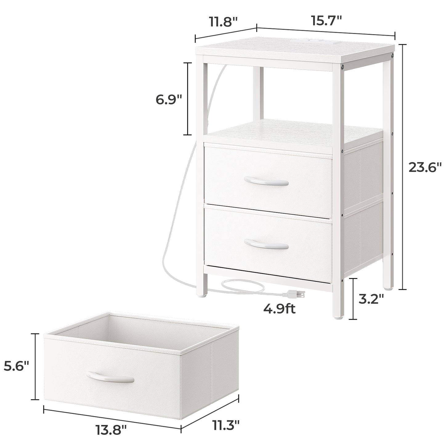 Huuger Nightstand with Charging Station, Side Table with Fabric Drawers, End Table with Open Shelf, Bedside Table with USB Ports and Outlets, Night Stand for Bedroom, White