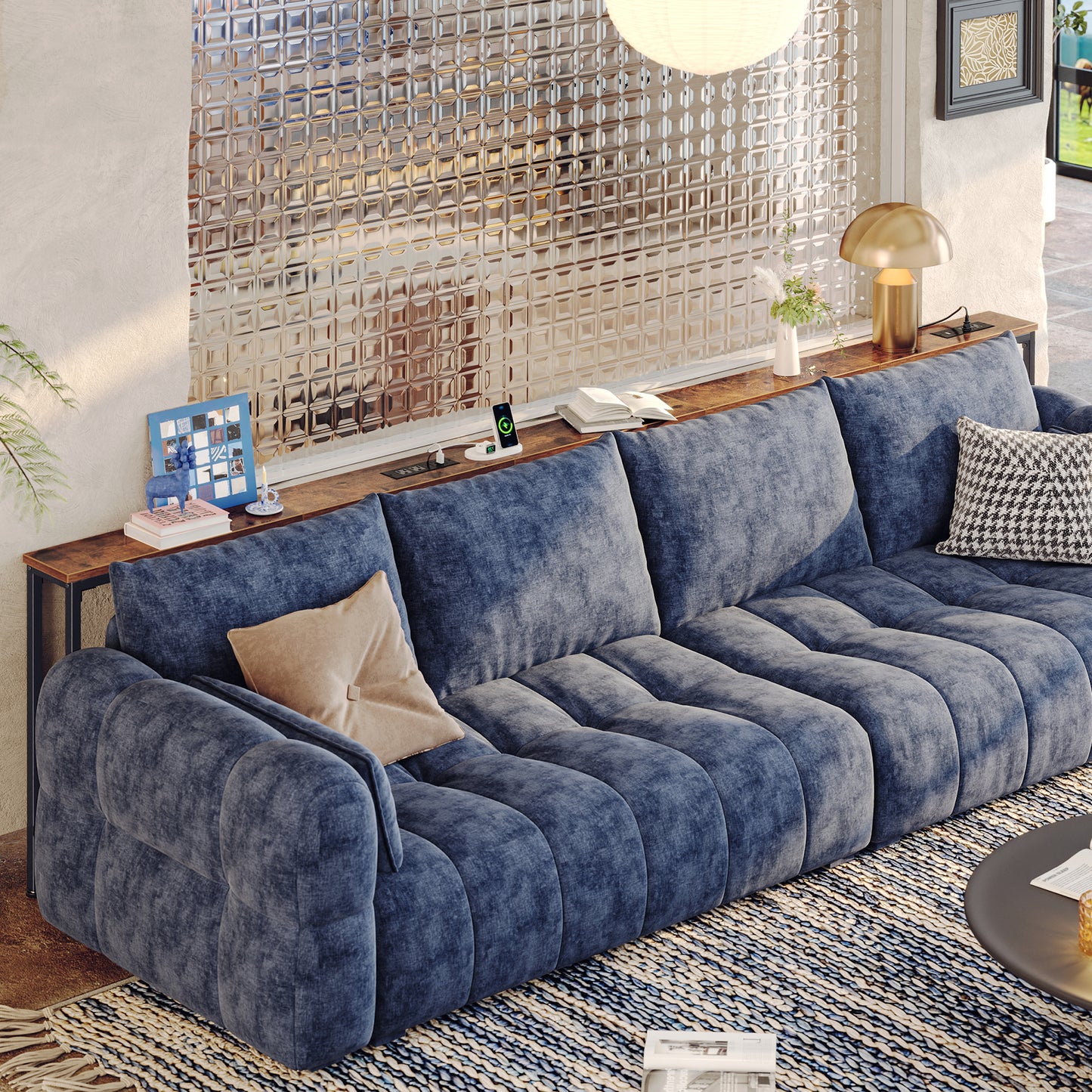 Huuger 102.4/110.2/118.1/130 Inch Behind Couch Table with 2 Power Outlets and USB-C Ports, Extra Long Narrow Sofa Table for Sectional Sofa, Skinny Console Table with Anti-Bump Pads, for Living Room, Rustic Brown