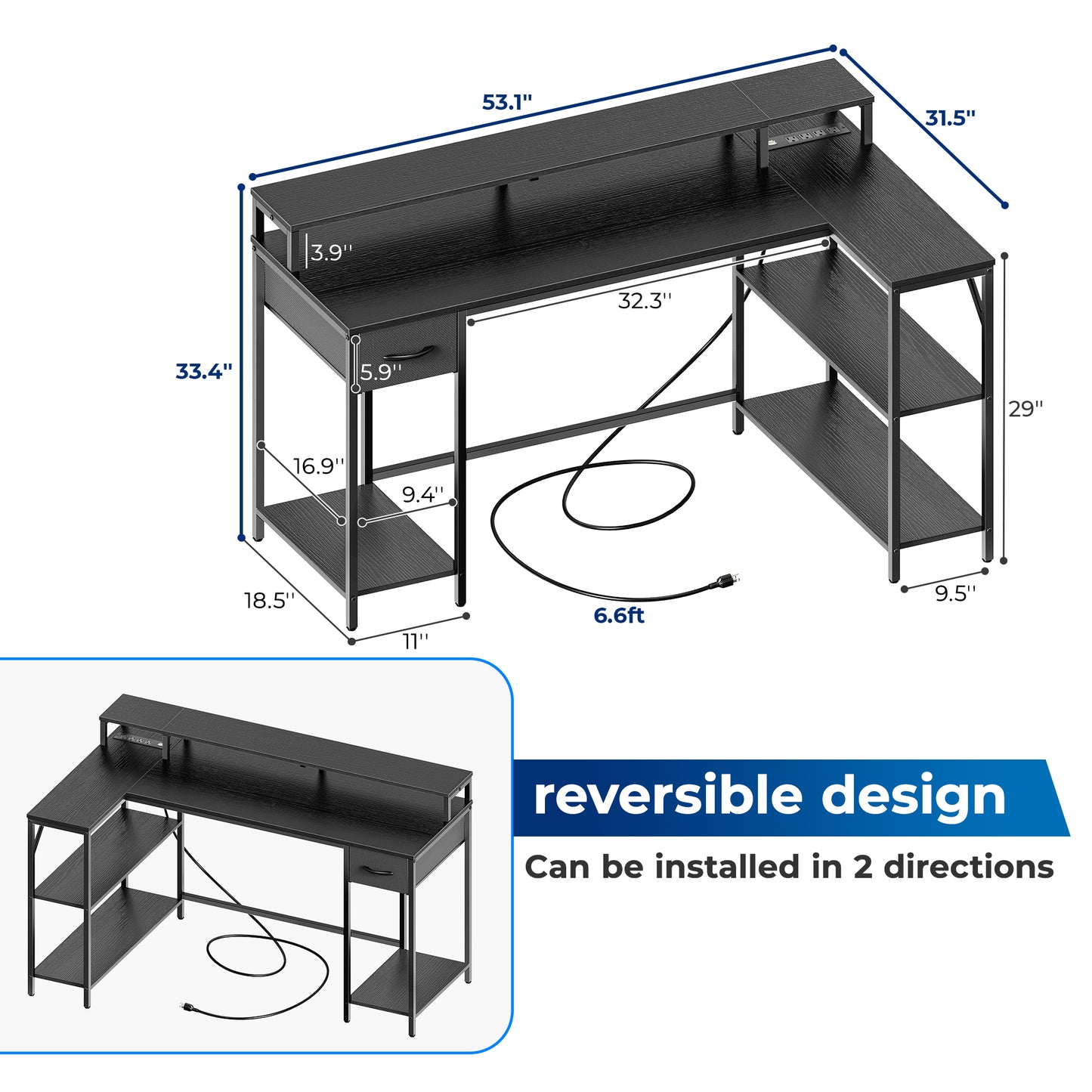 SUPERJARE 53 inch Reversible L Shaped Desk with LED Lights & Power Outlets, Computer Desk with Shelves & Monitor Stand, Gaming Desk with Drawer, Home Office Desk Corner Desk, Black