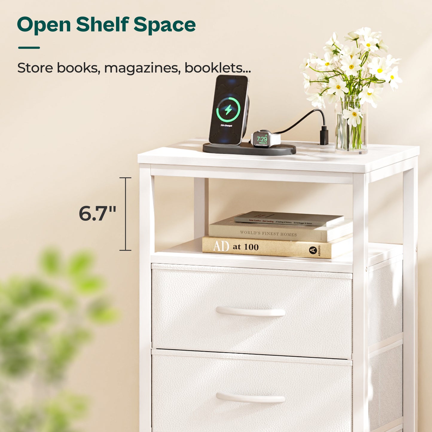 Huuger 5 Drawers Dresser with Charging Station, Dresser for Bedroom, Tall Night Stand, Chest of Drawers with Open Shelf, Bedside Table Nightstand, Fabric Storage Drawers, for Entryway, White
