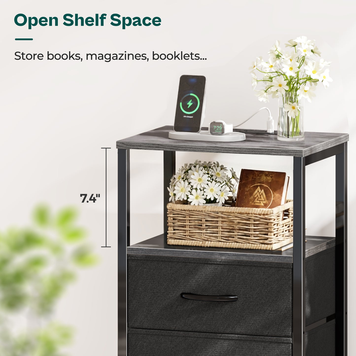 Huuger Nightstand with Charging Station, Side Table with Fabric Drawers, End Table with Open Shelf, Bedside Table with USB Ports and Outlets, Night Stand for Bedroom, Charcoal Gray