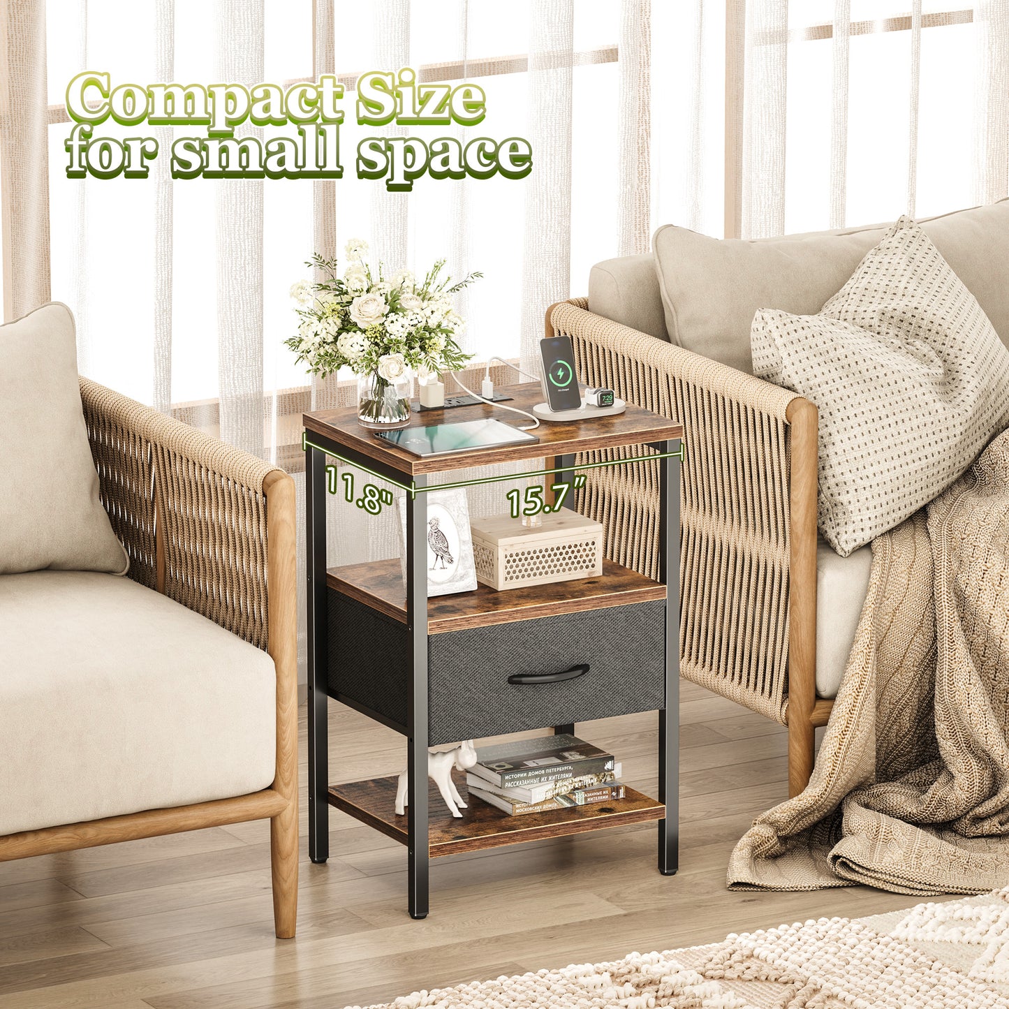 SUPERJARE Nightstand with Charging Station, USB-C Port, Bedside Table Night Stand for Bedroom, with Adjustable Fabric Drawer, 3-Tier Storage End Table, for Living Room, Rustic Brown & Black