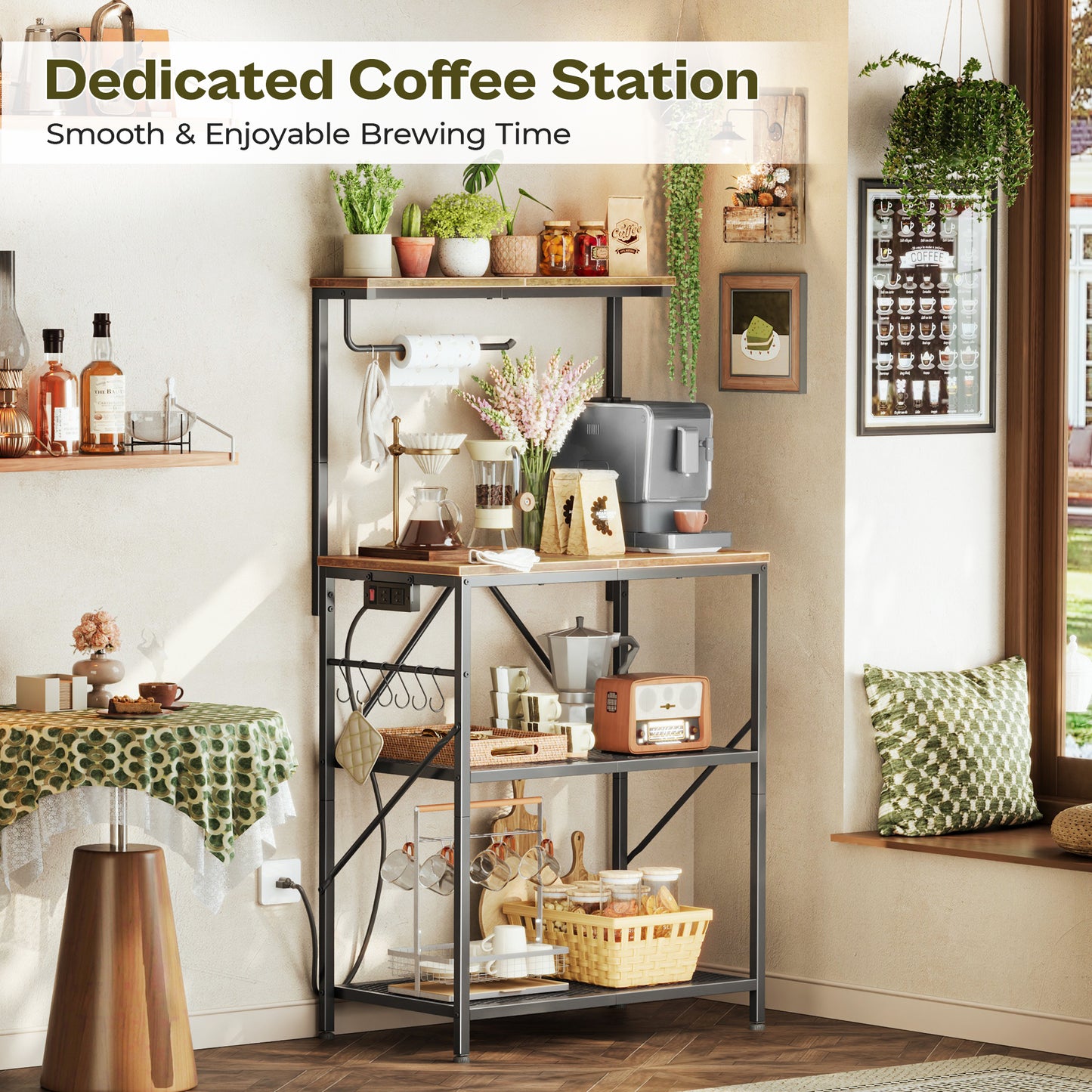 Huuger 4-Tier Bakers Rack with Reversible Power Outlet, 23.6 Inch Microwave Stand, Kitchen Coffee Bar, with Top Shelf, 6 S Hooks, Rustic Brown
