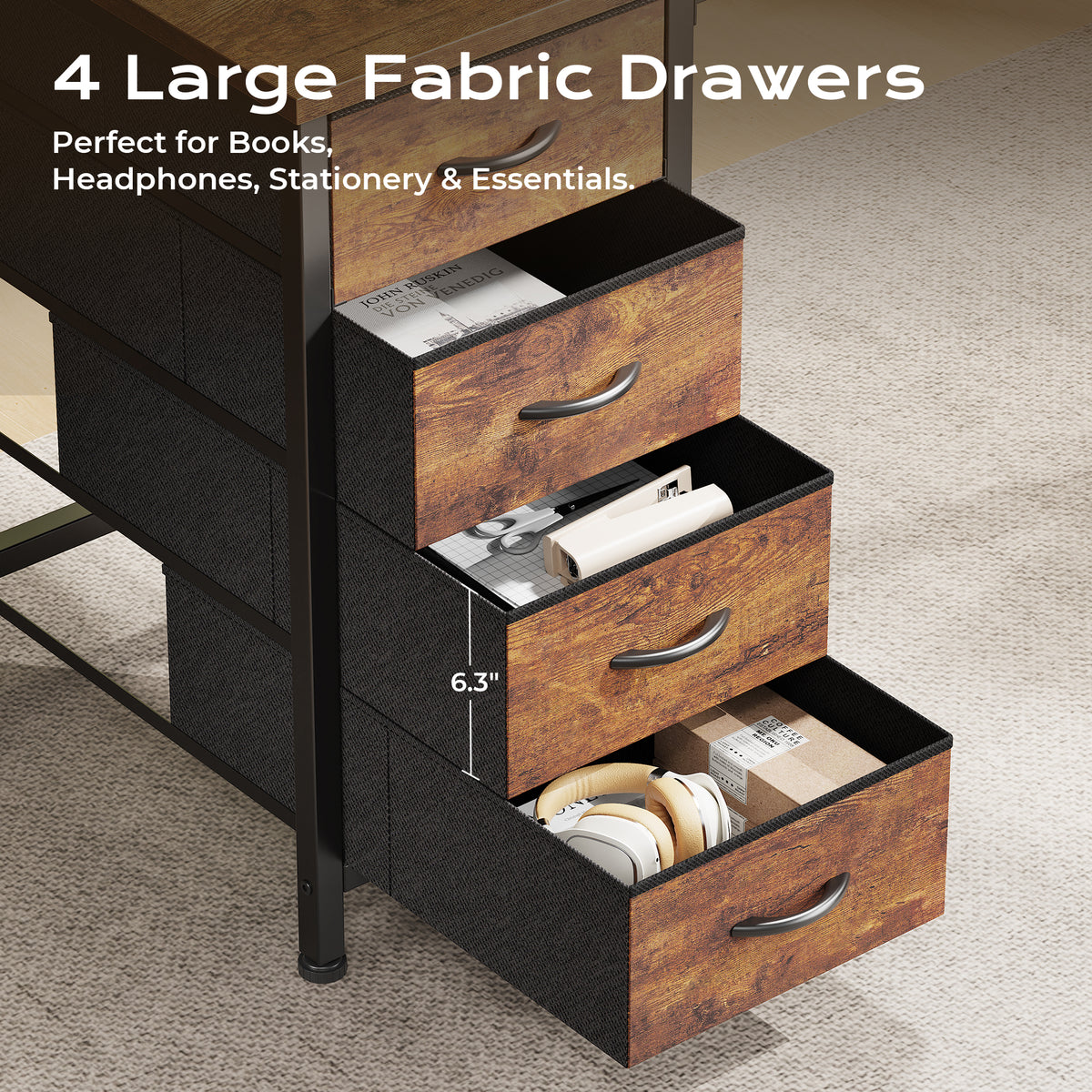 Huuger 63 Inch L Shaped Desk with Fabric Drawers, Computer Office Desk with Power Outlets and USB-C Port, Corner Desk with Storage Shelves, Work Study Home Office, Reversible, Rustic Brown